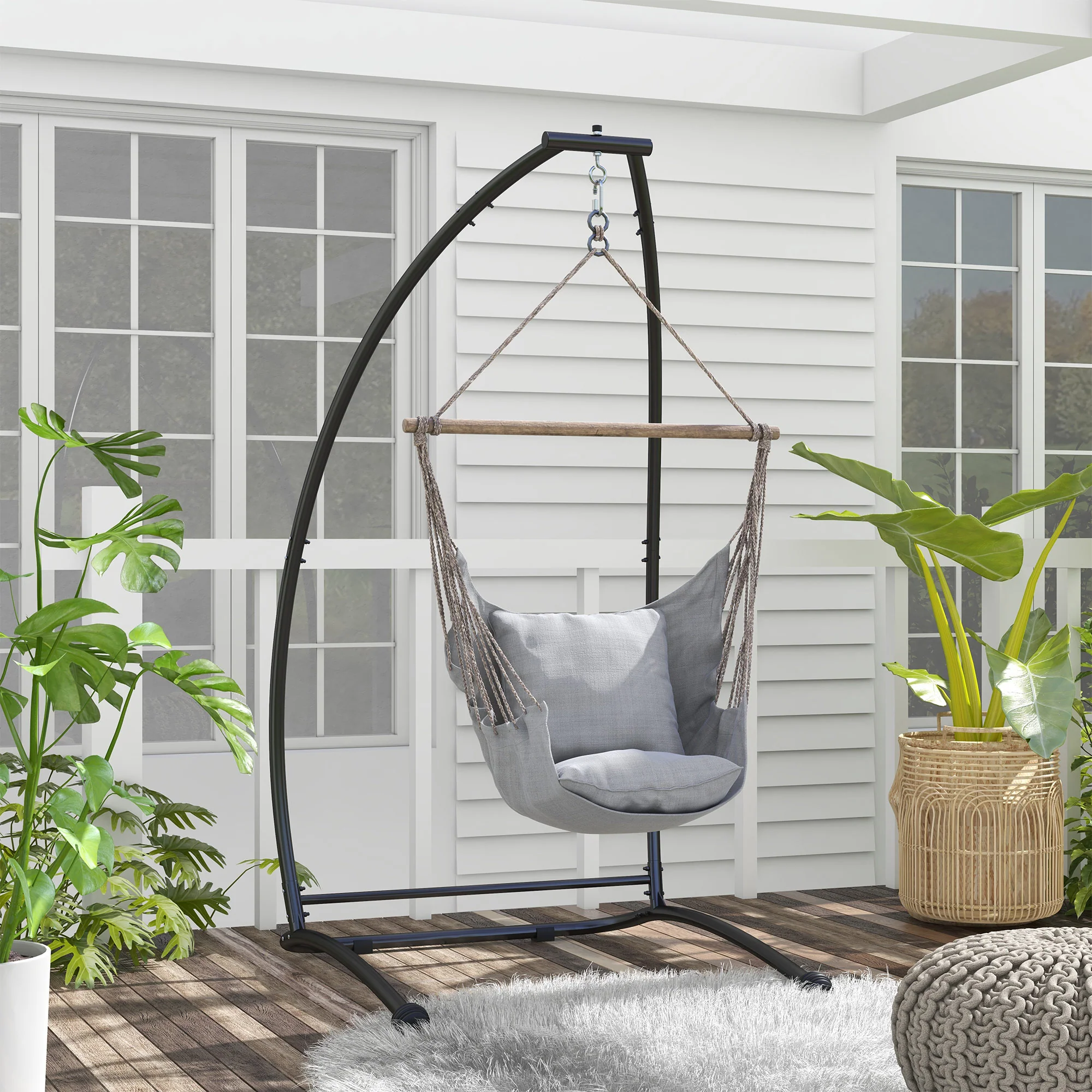 Outsunny Hammock Chair Stand with Metal Frame C Shape Hammock Stand Only, Black - Image 2