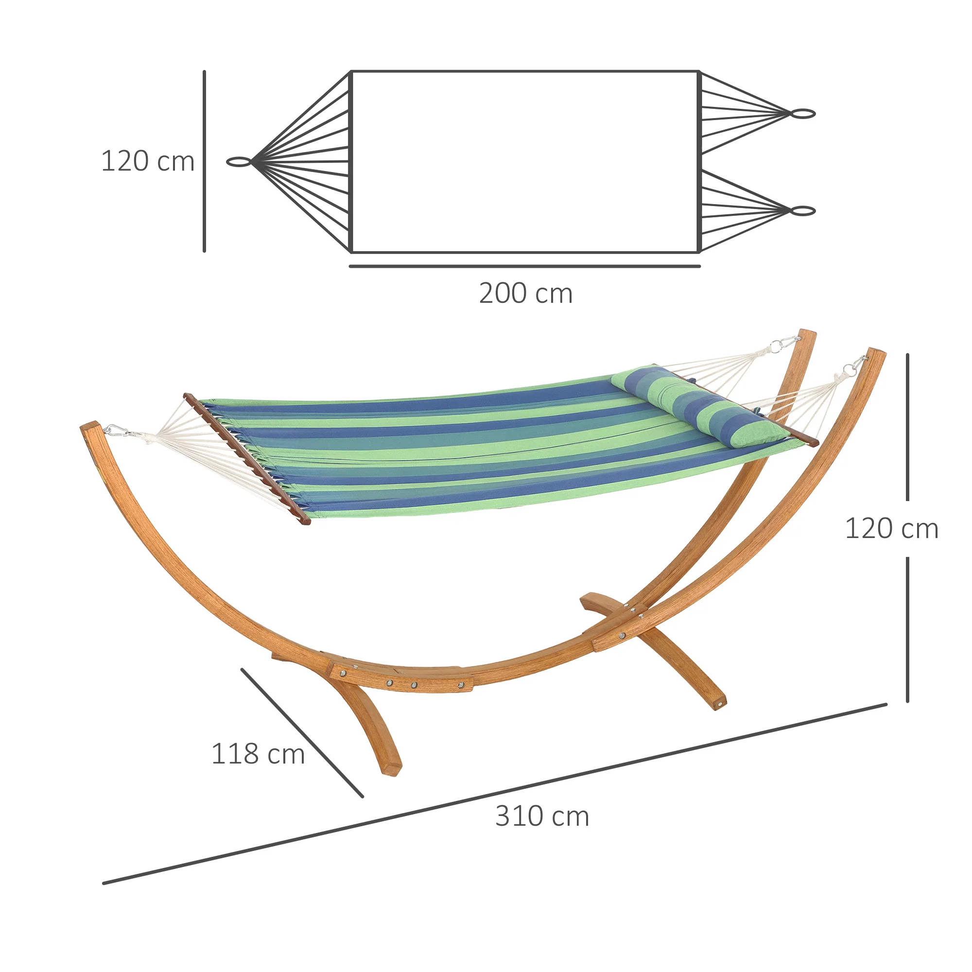 Outsunny Hammock with Stand, Triple-Head Wood Hammock with Cotton Bed, Blue - Image 5