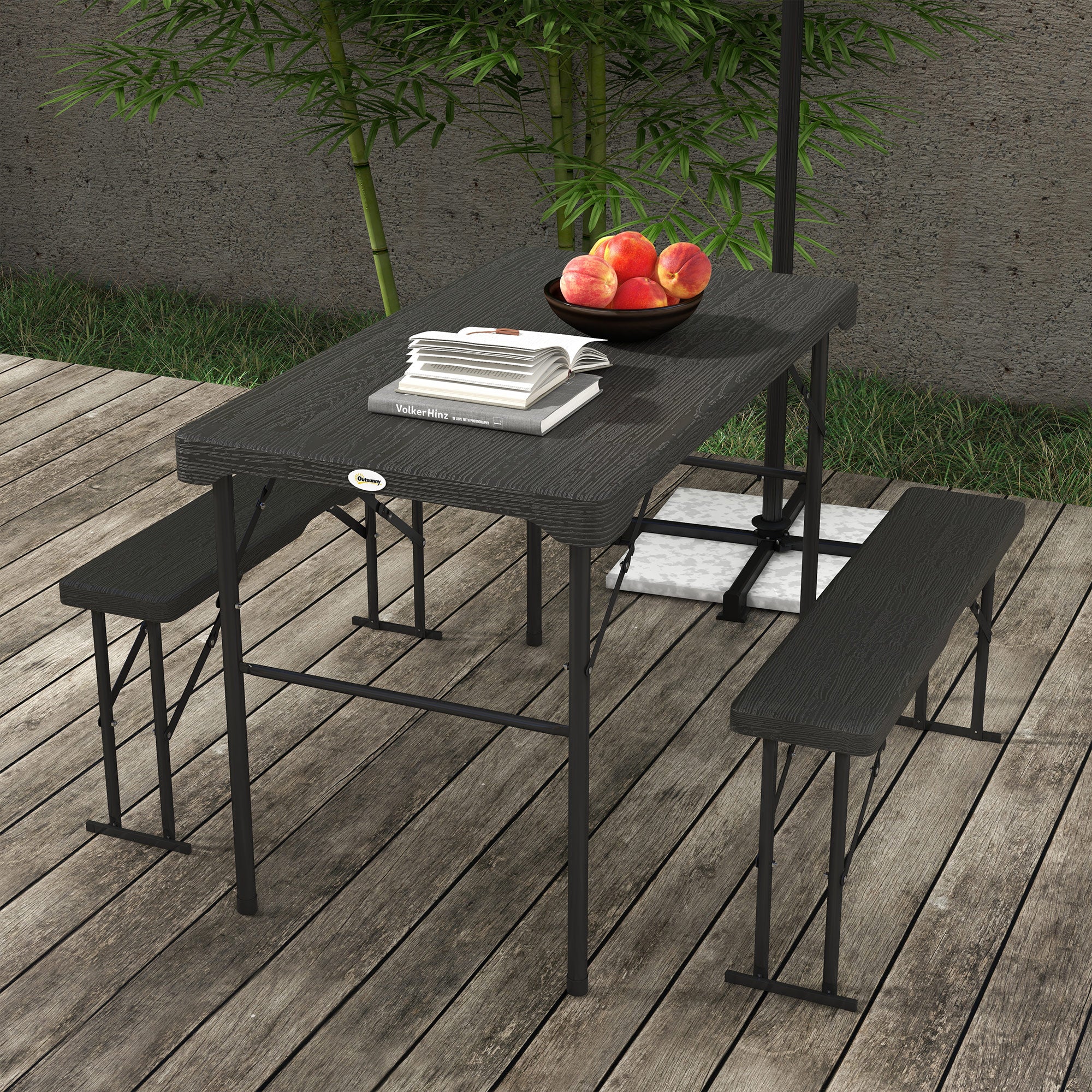 Outsunny HDPE Picnic Table Set w/ Beer Table & 2 Benches for 6, Dark Grey - Image 2