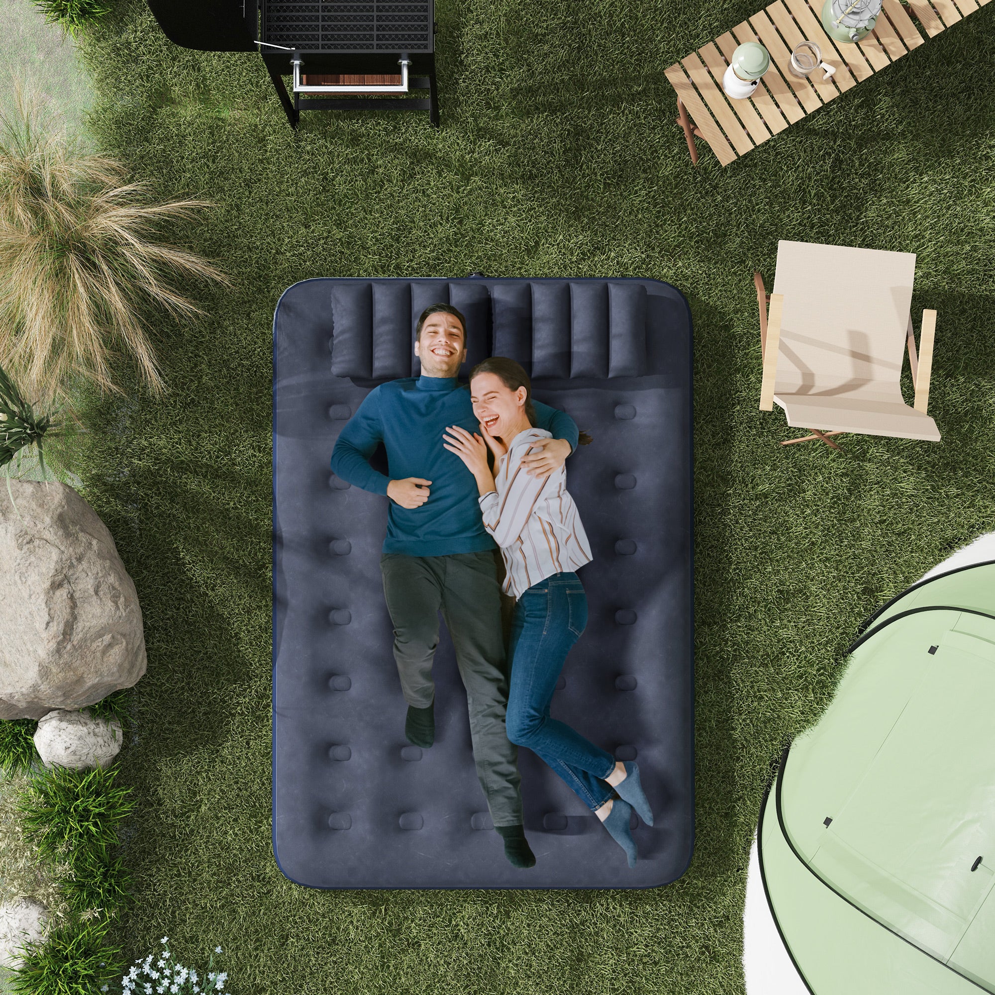 Outsunny Inflatable Mattress with 2 Pillows and Pump, Blue, 191 x 137 x 22cm - Image 2