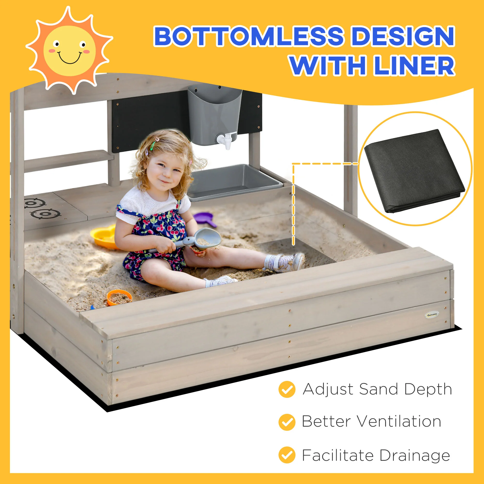 Outsunny Kids Wooden Sandbox W/ Canopy, Kitchen Toys, Seat, Storage, For Outdoor - Image 6