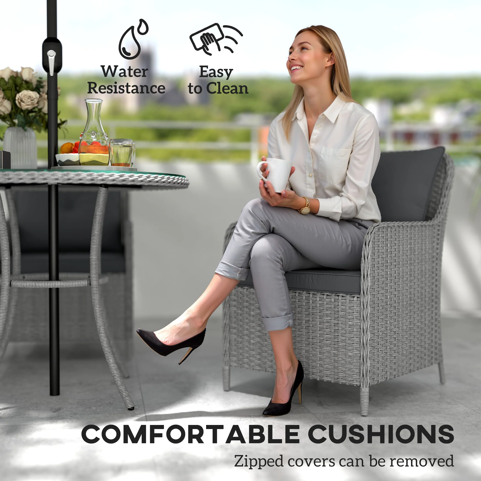 Outsunny Luxury Rattan Garden Dining Set W/ Parasol, Cushions, Light Grey - Image 4