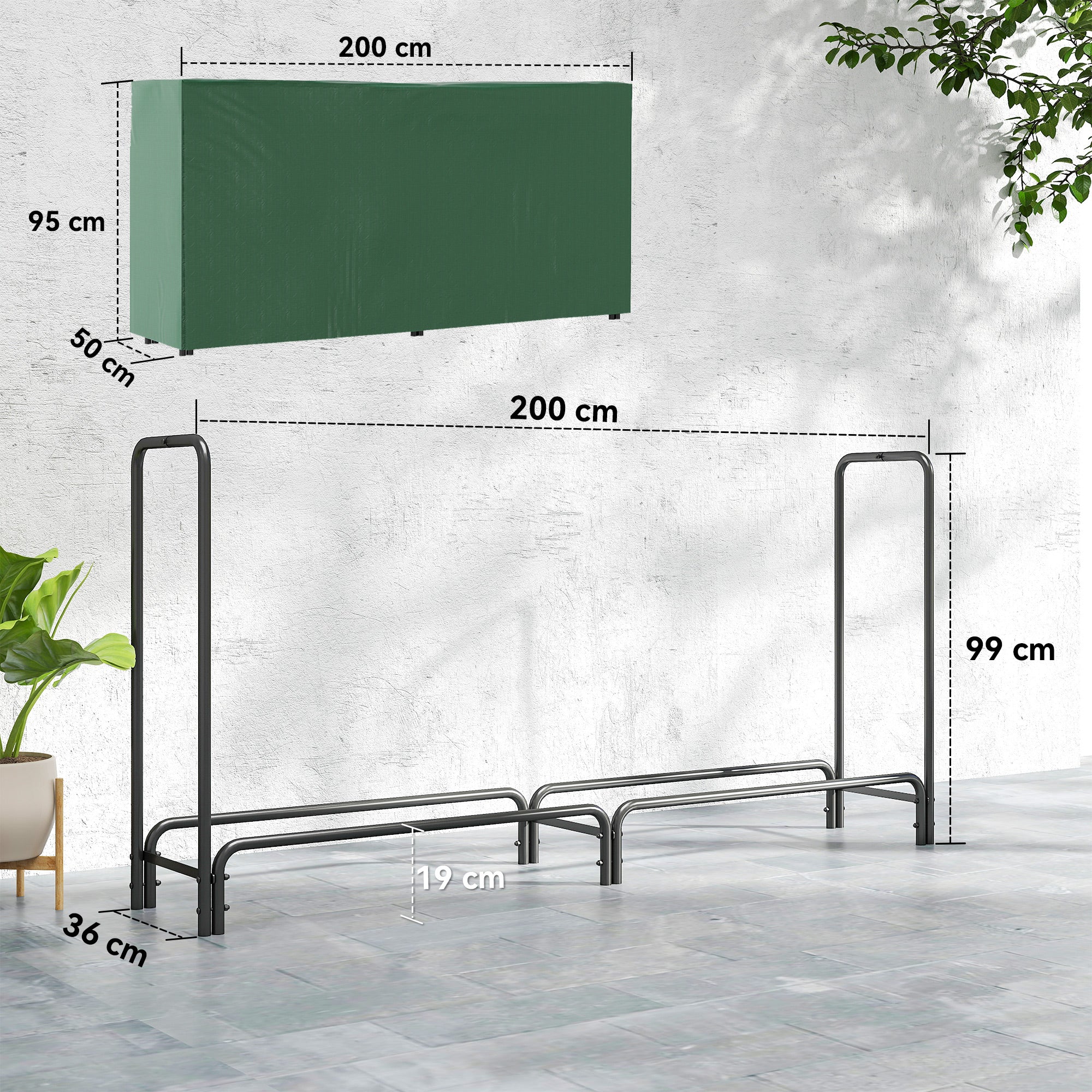 Outsunny Metal Firewood Rack, Log Holder, 200 X 36 X 99 Cm, Dark Green - Image 5