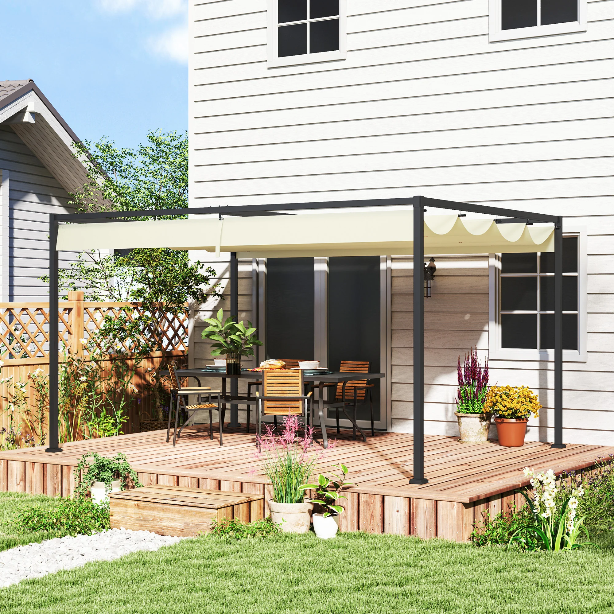 Outsunny Metal Pergola Gazebo Patio Sunshelter Retractable Canopy Cream - Image 11