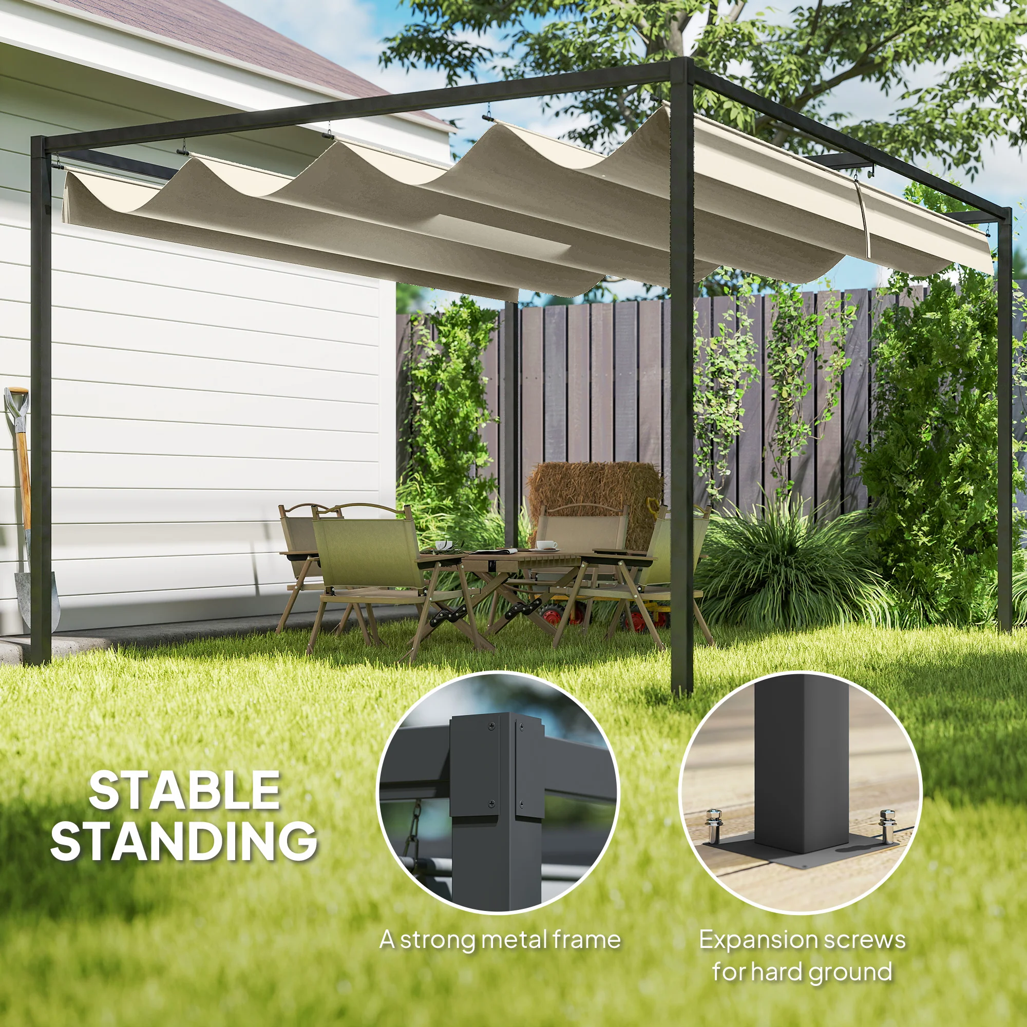 Outsunny Metal Pergola Gazebo Patio Sunshelter Retractable Canopy Cream - Image 4