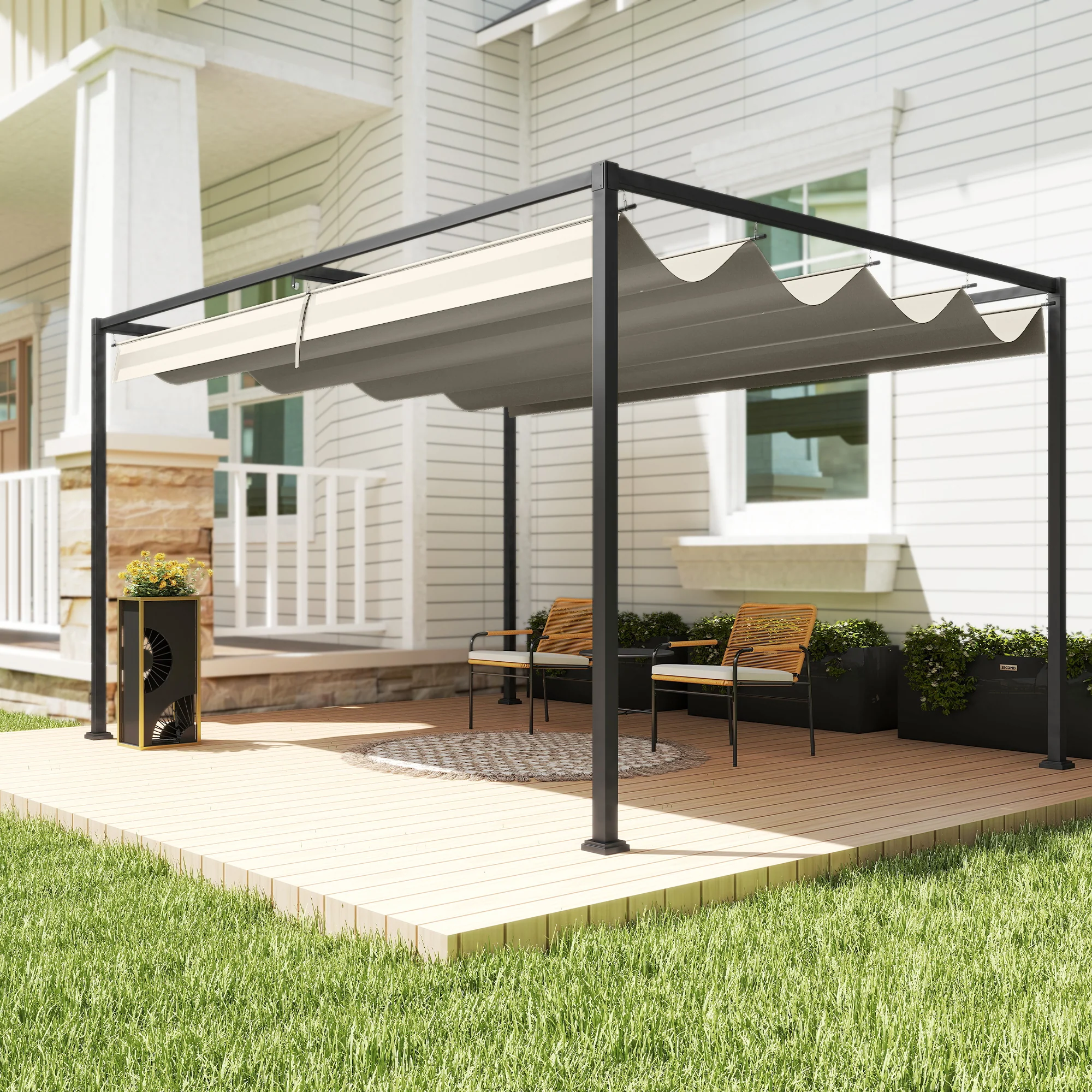 Outsunny Metal Pergola Gazebo Patio Sunshelter Retractable Canopy Cream - Image 7