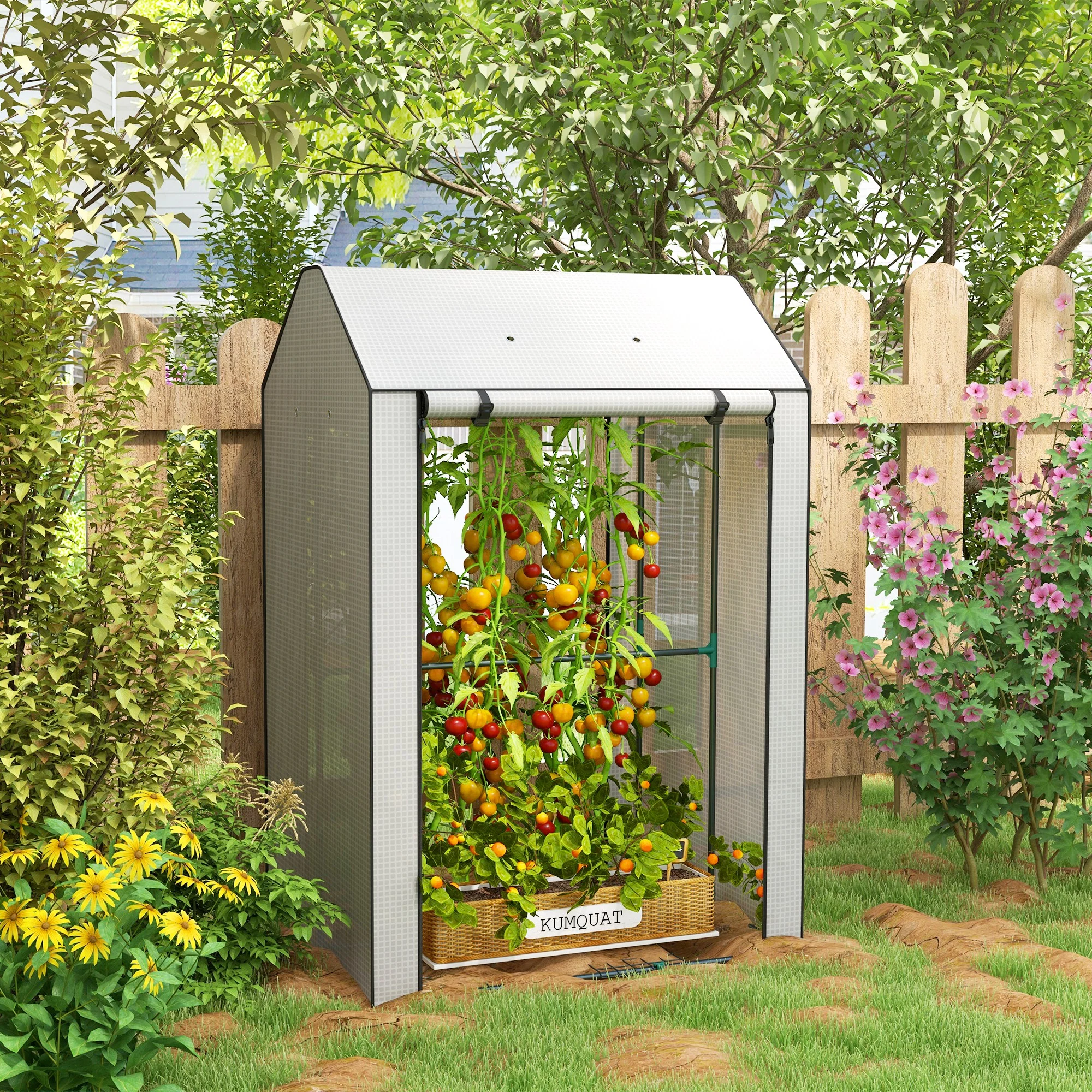 Outsunny Mini Greenhouse With Shelves And Roll Up Door, 100x80x150cm, White - Image 2