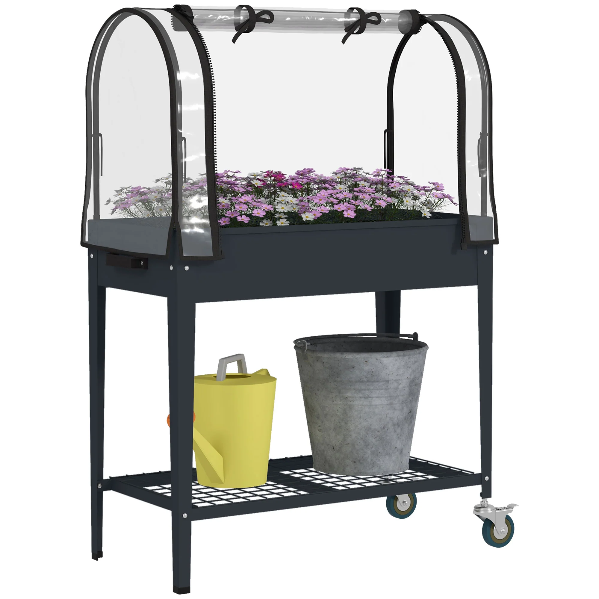 Outsunny Mobile Raised Garden Bed with Greenhouse Cover Bottom Shelf Dark Grey