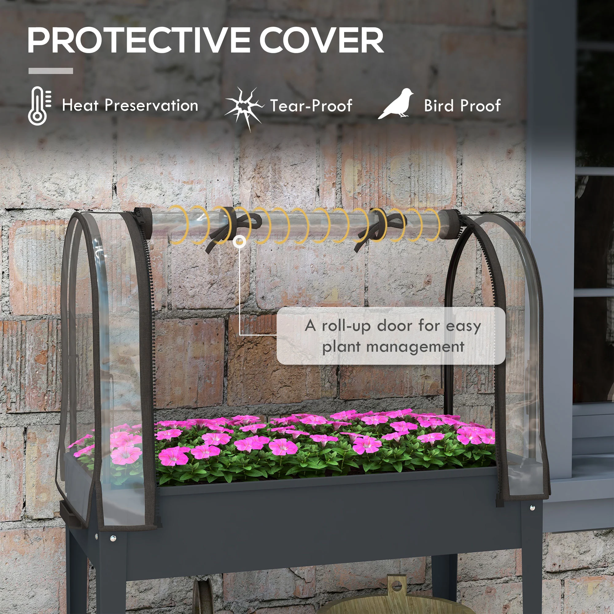 Outsunny Mobile Raised Garden Bed with Greenhouse Cover Bottom Shelf Dark Grey - Image 3