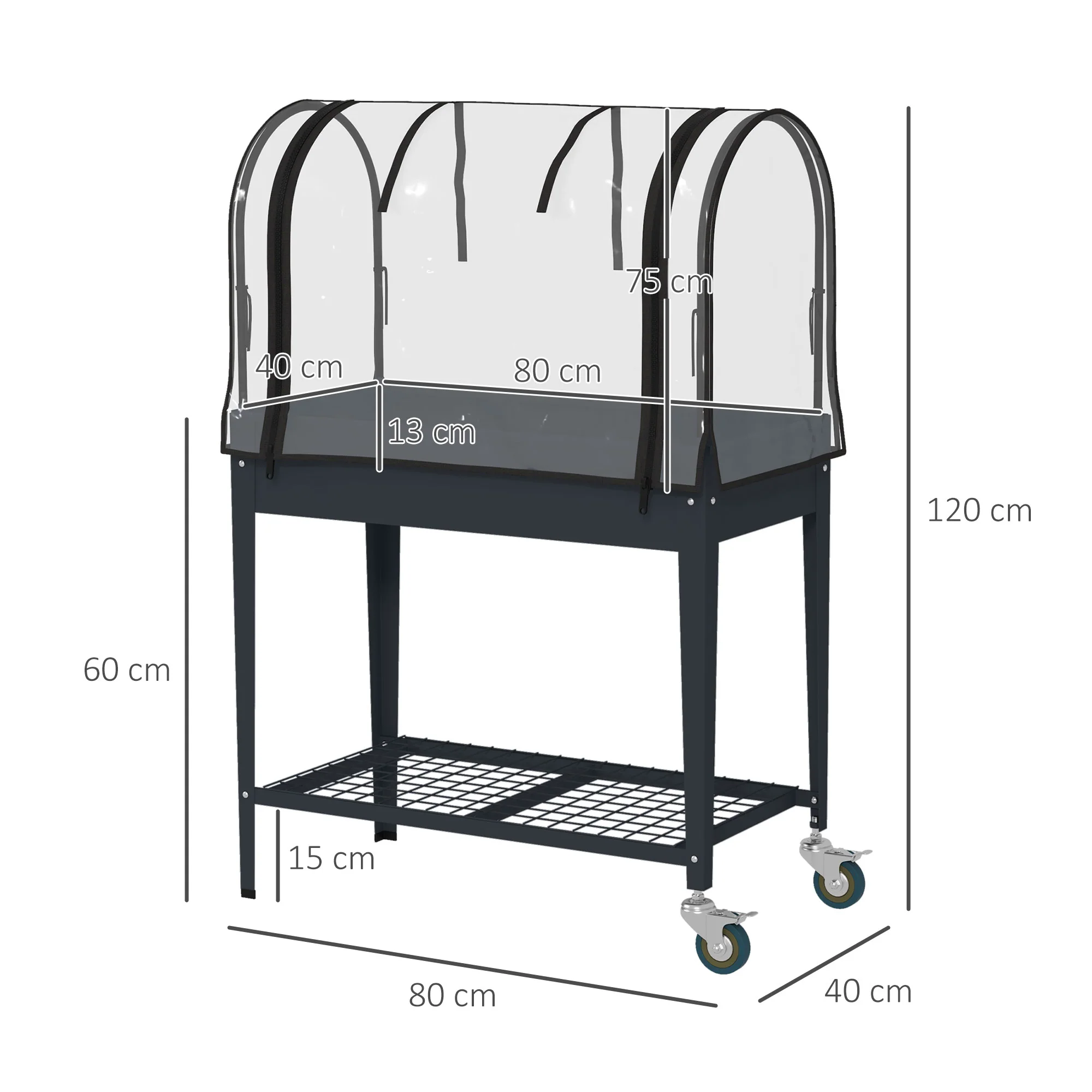 Outsunny Mobile Raised Garden Bed with Greenhouse Cover Bottom Shelf Dark Grey - Image 5