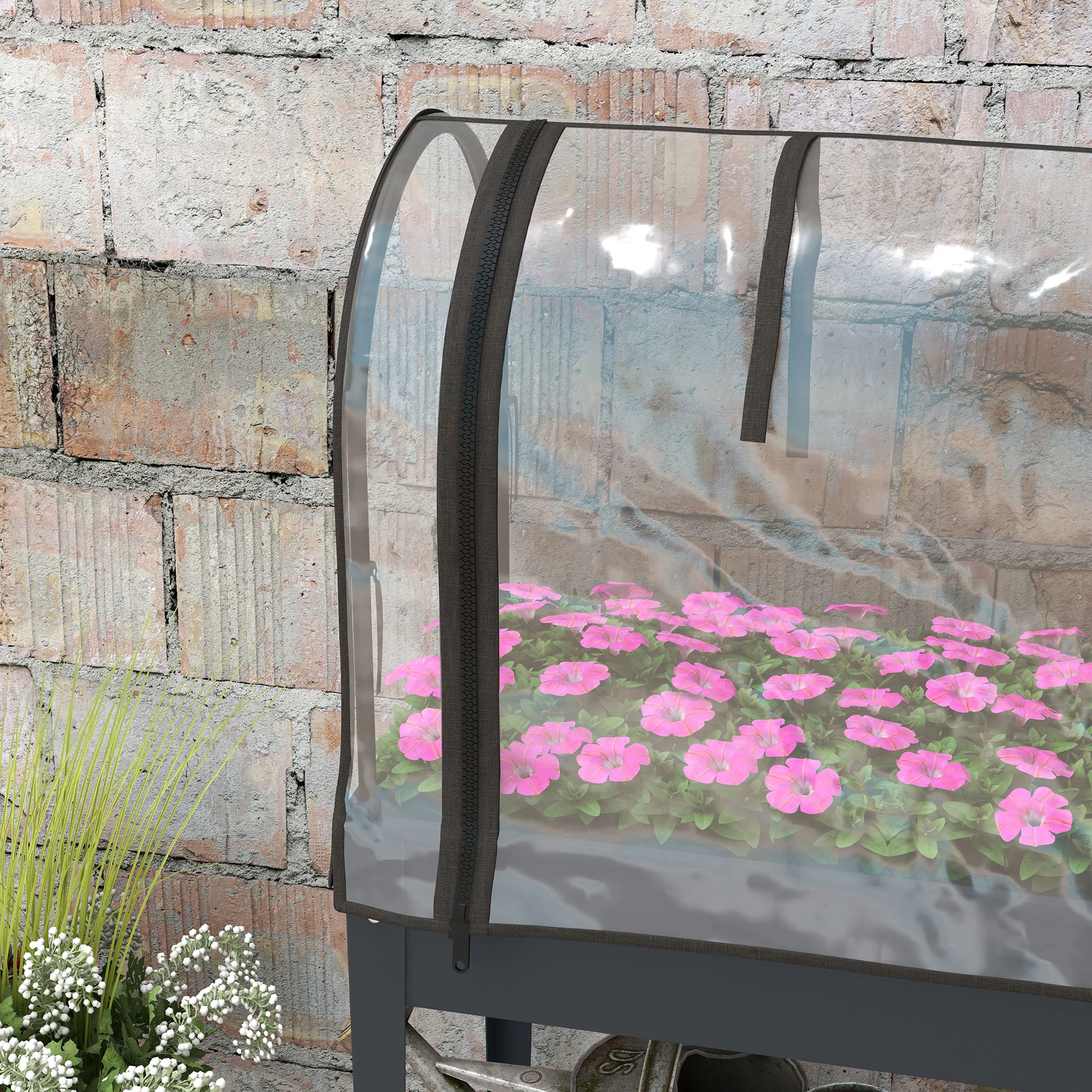 Outsunny Mobile Raised Garden Bed with Greenhouse Cover Bottom Shelf Dark Grey - Image 9
