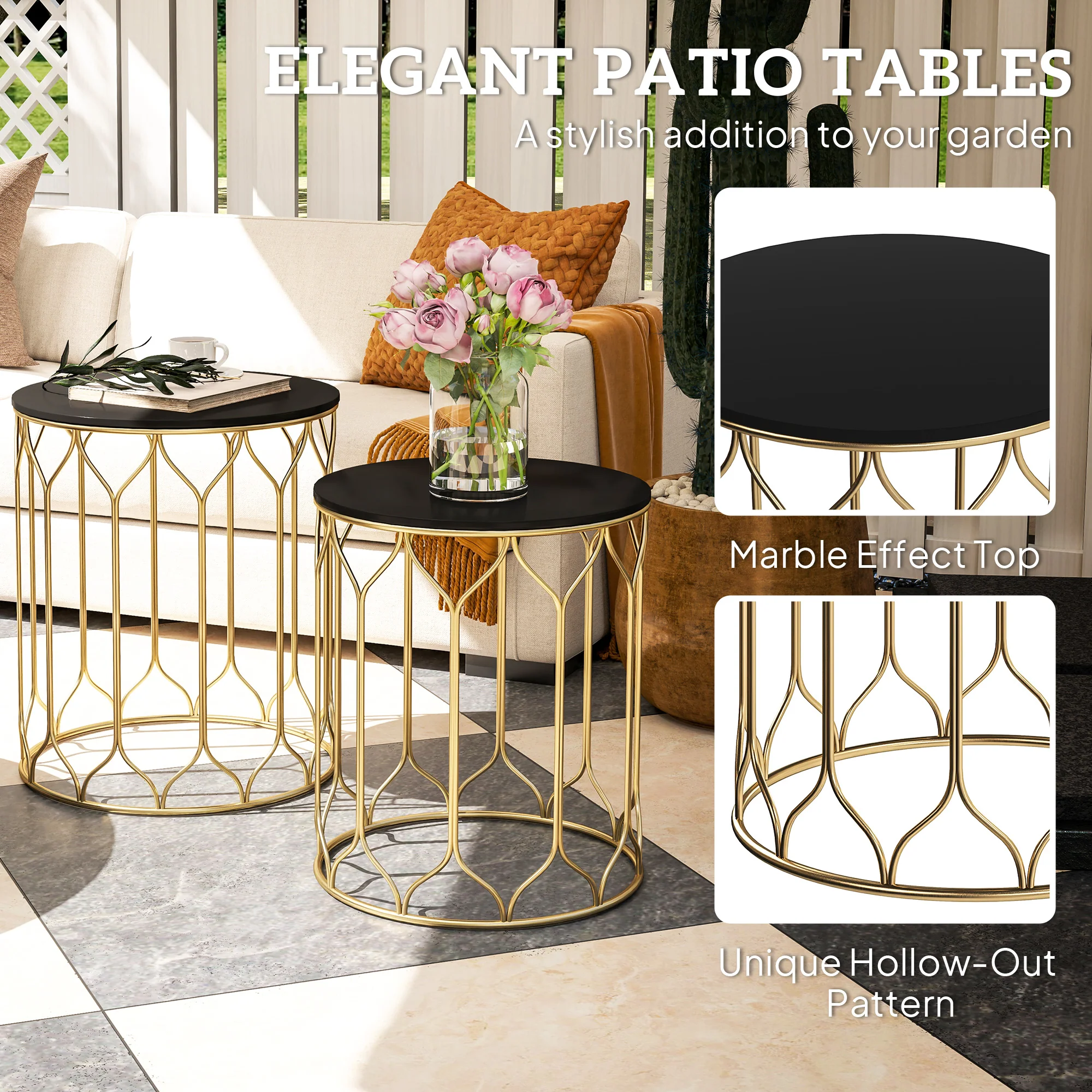 Outsunny Nesting Small Garden Table Set of 2 with Marble Effect Top - Image 4