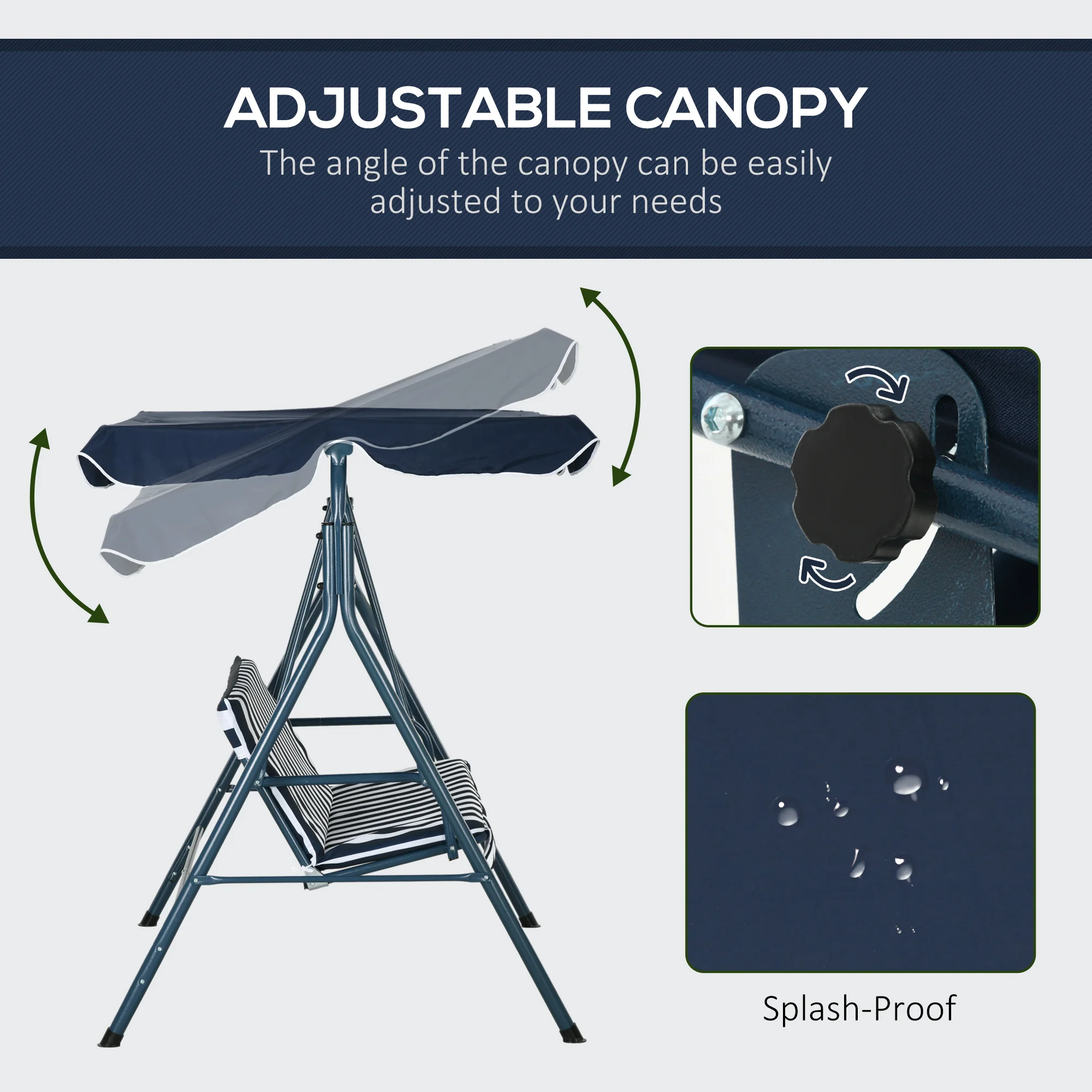 Outsunny Outdoor 3-person Porch Swing Chair with Adjustable Canopy Blue, White - Image 3