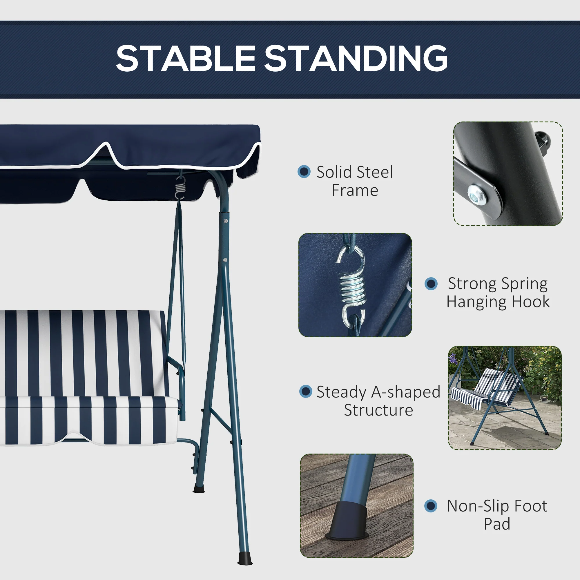 Outsunny Outdoor 3-person Porch Swing Chair with Adjustable Canopy Blue, White - Image 4