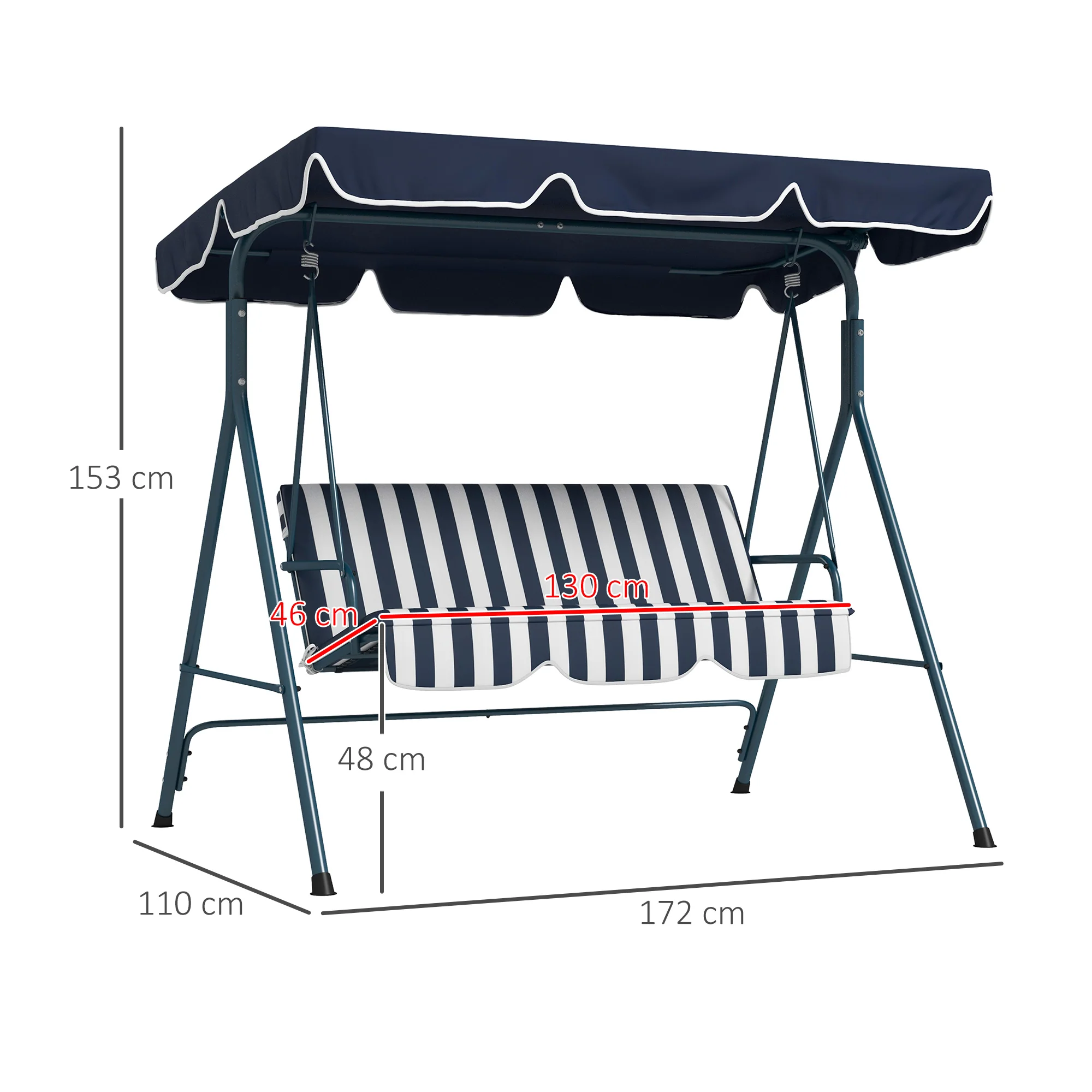 Outsunny Outdoor 3-person Porch Swing Chair with Adjustable Canopy Blue, White - Image 5