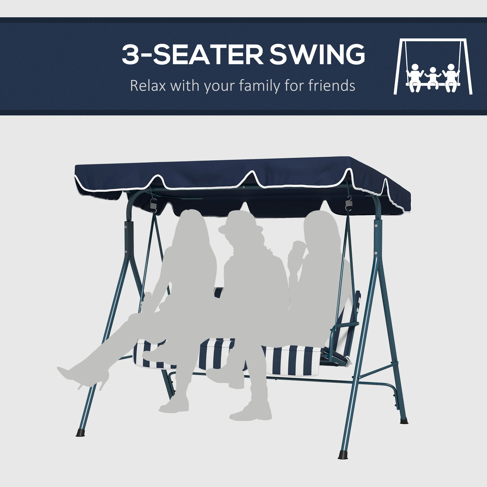 Outsunny Outdoor 3-person Porch Swing Chair with Adjustable Canopy Blue, White - Image 6