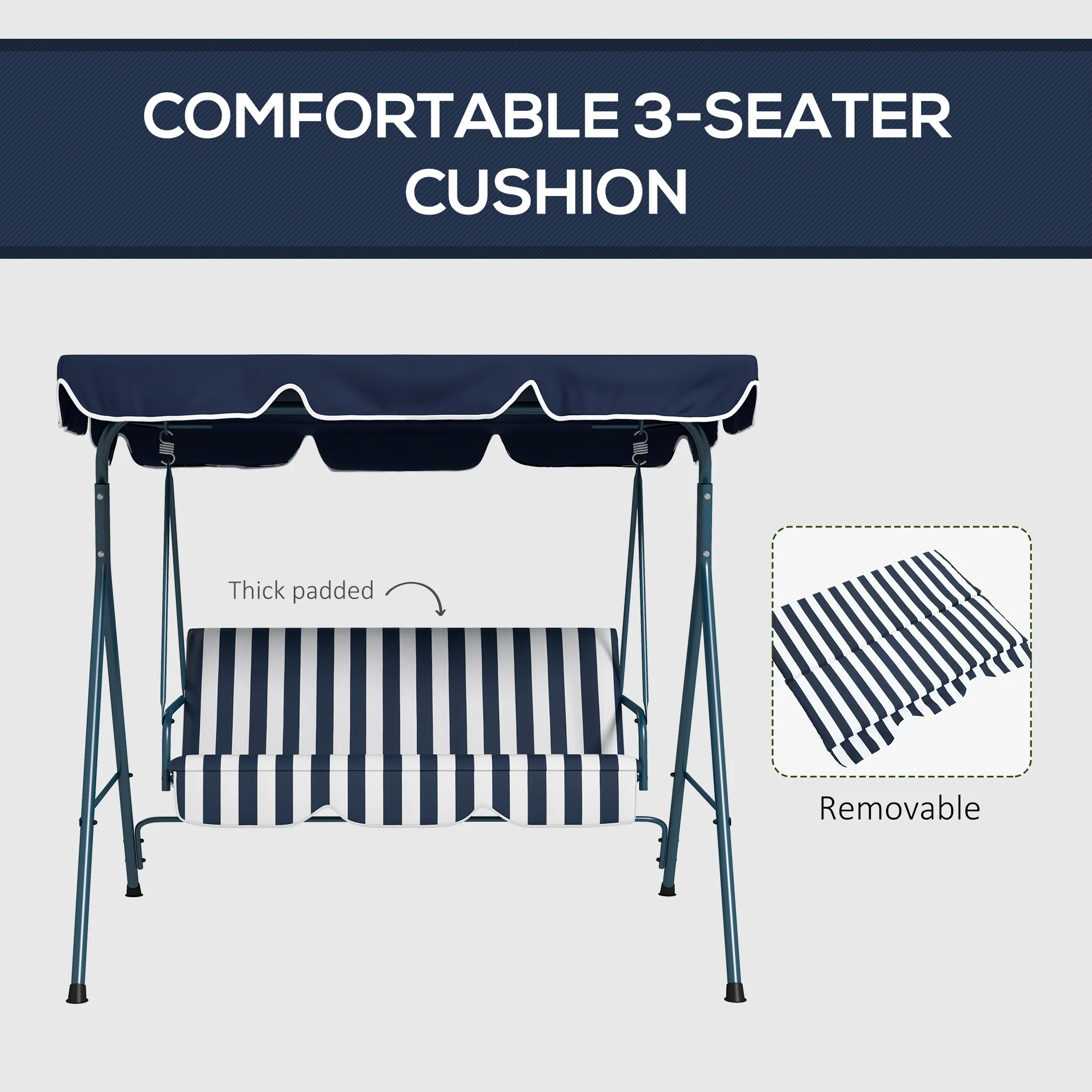 Outsunny Outdoor 3-person Porch Swing Chair with Adjustable Canopy Blue, White - Image 7