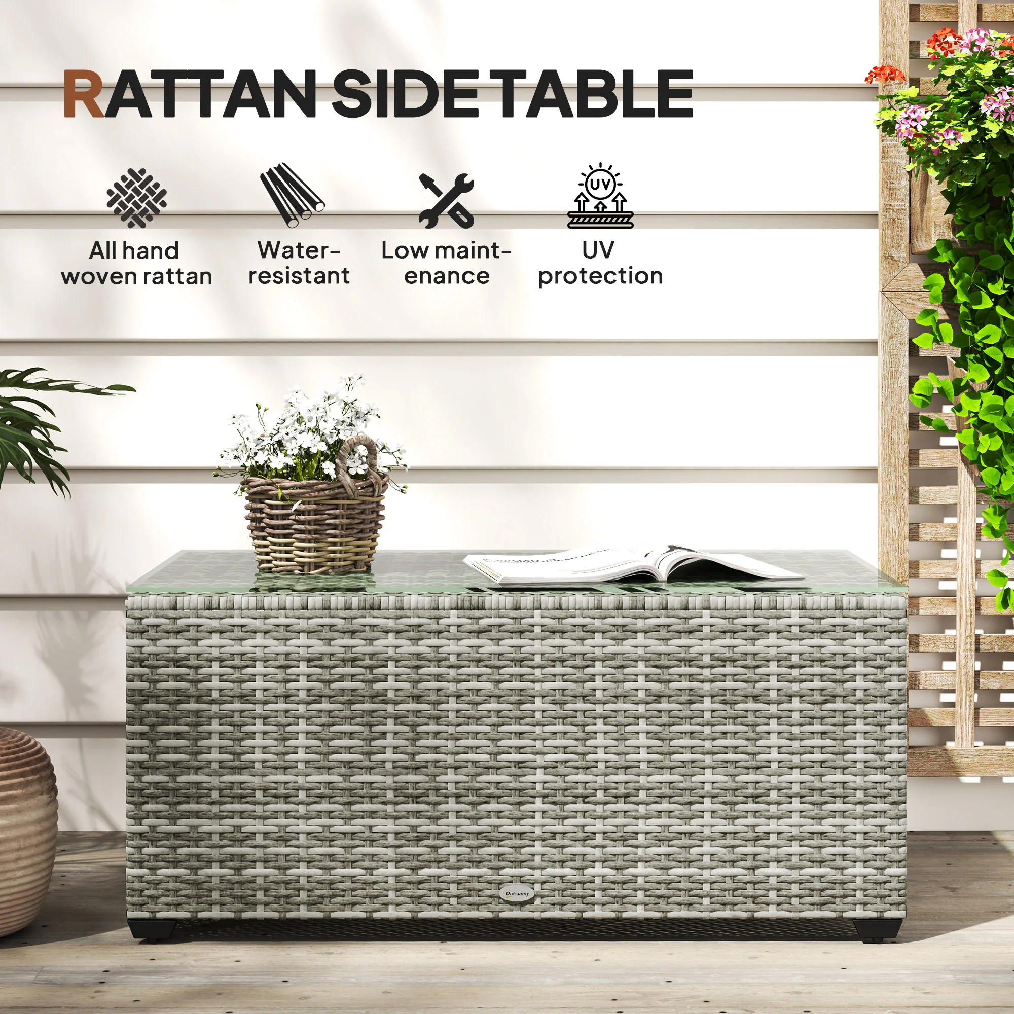 Outsunny Outdoor Coffee Table, Glass Top Rattan Side Table - Image 21