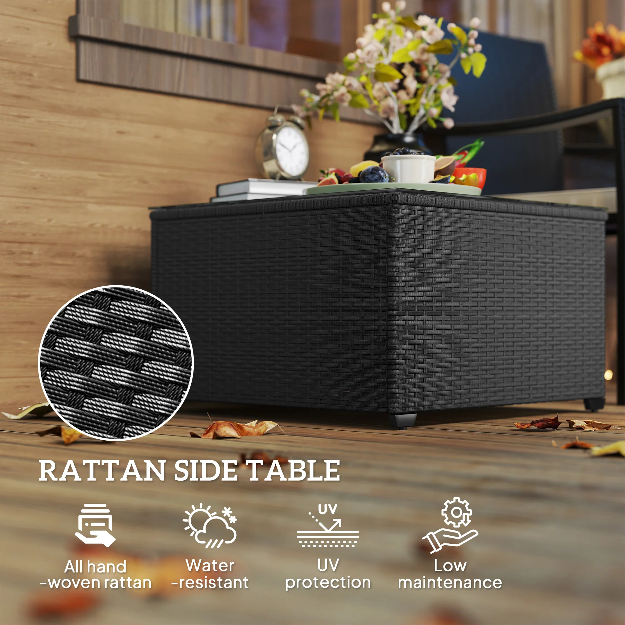 Outsunny Outdoor Coffee Table With Glass Top, Rattan Side Table - Image 3