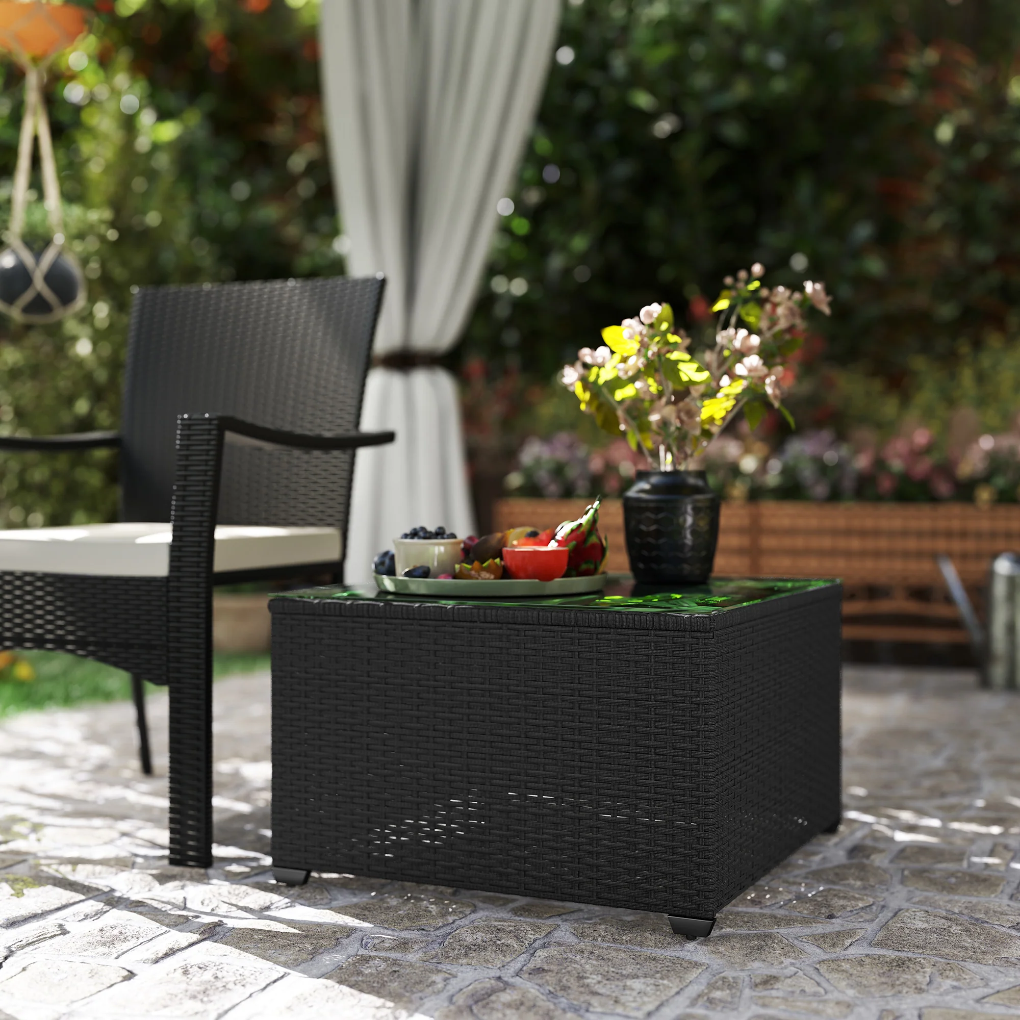 Outsunny Outdoor Coffee Table With Glass Top, Rattan Side Table - Image 9