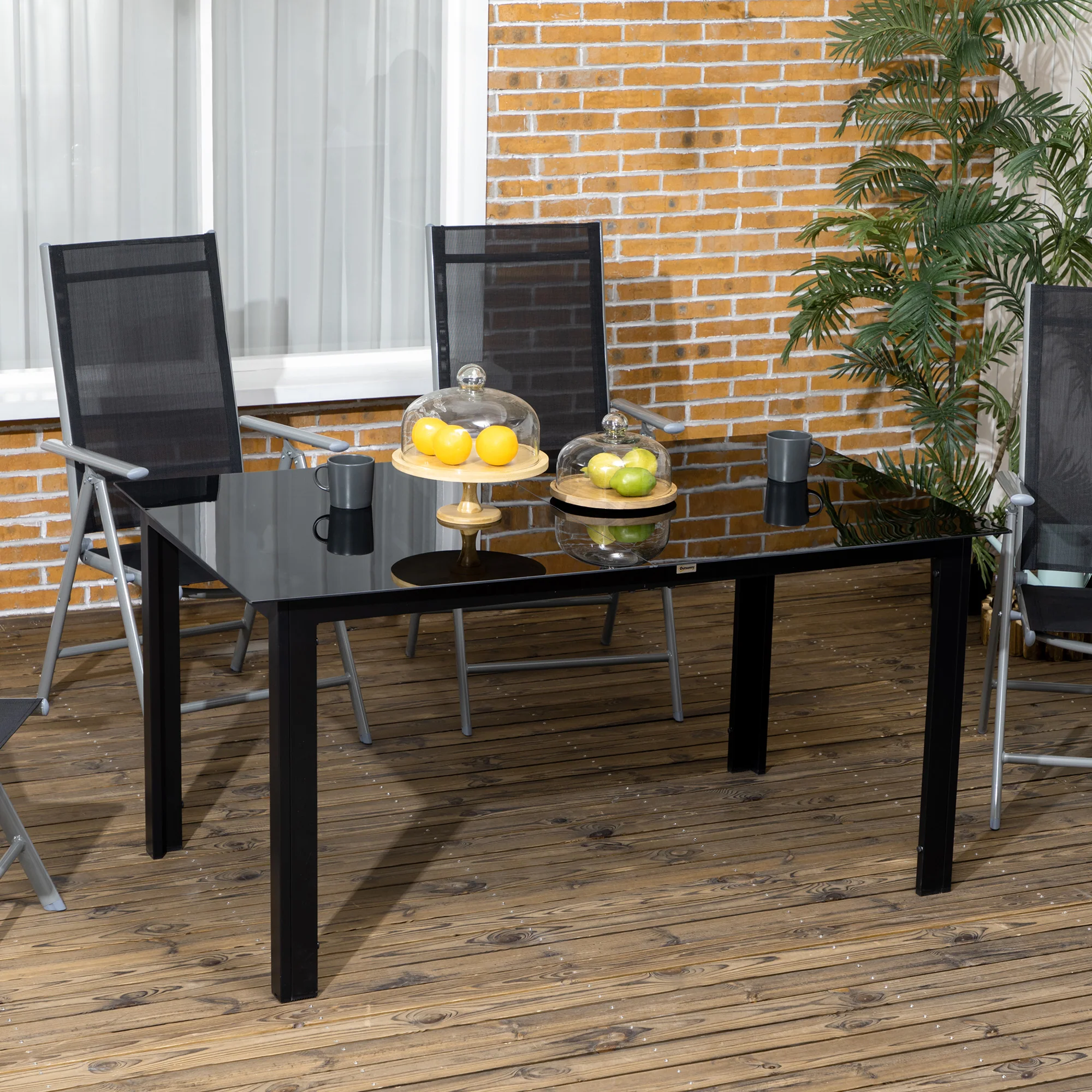 Outsunny Outdoor Dining Table for 6 Patio Table with Glass Tabletop Black - Image 2