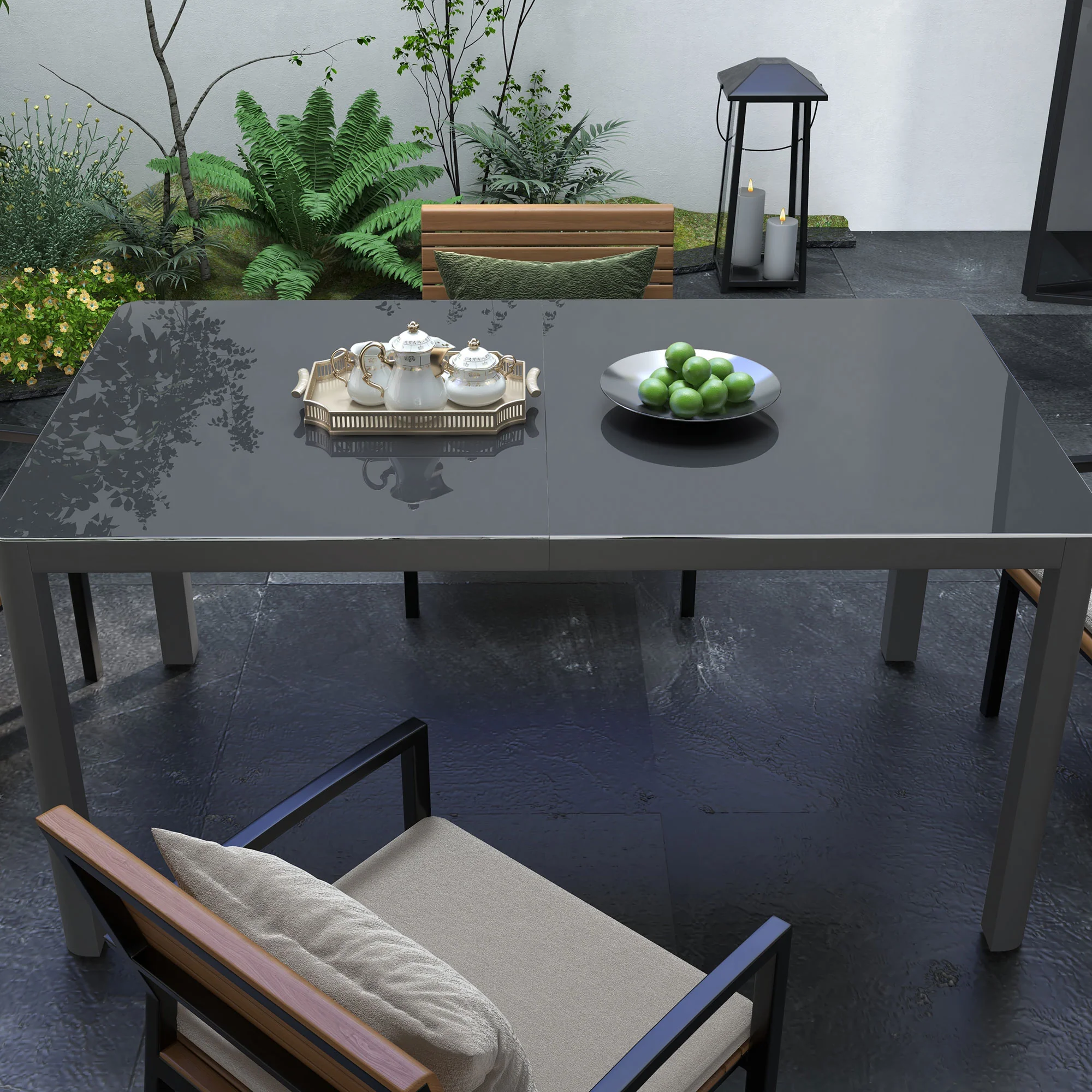 Outsunny Outdoor Dining Table for 6 with Glass Top, Aluminium Frame, Grey - Image 9