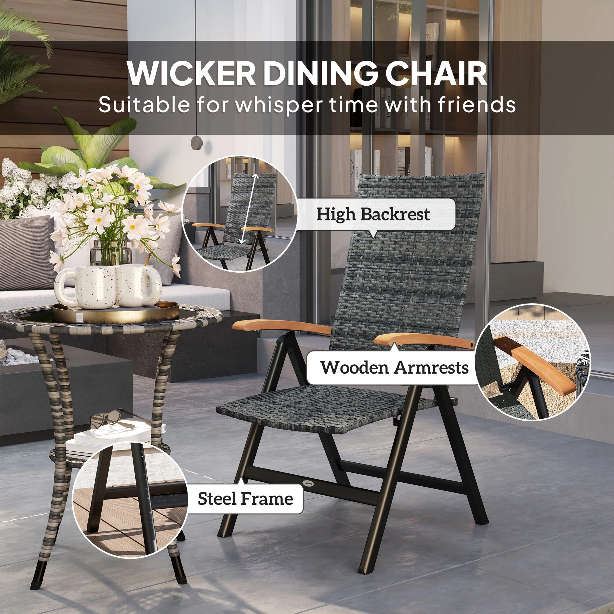 Outsunny Outdoor Folding Rattan Chair, Dining Chair - Image 12