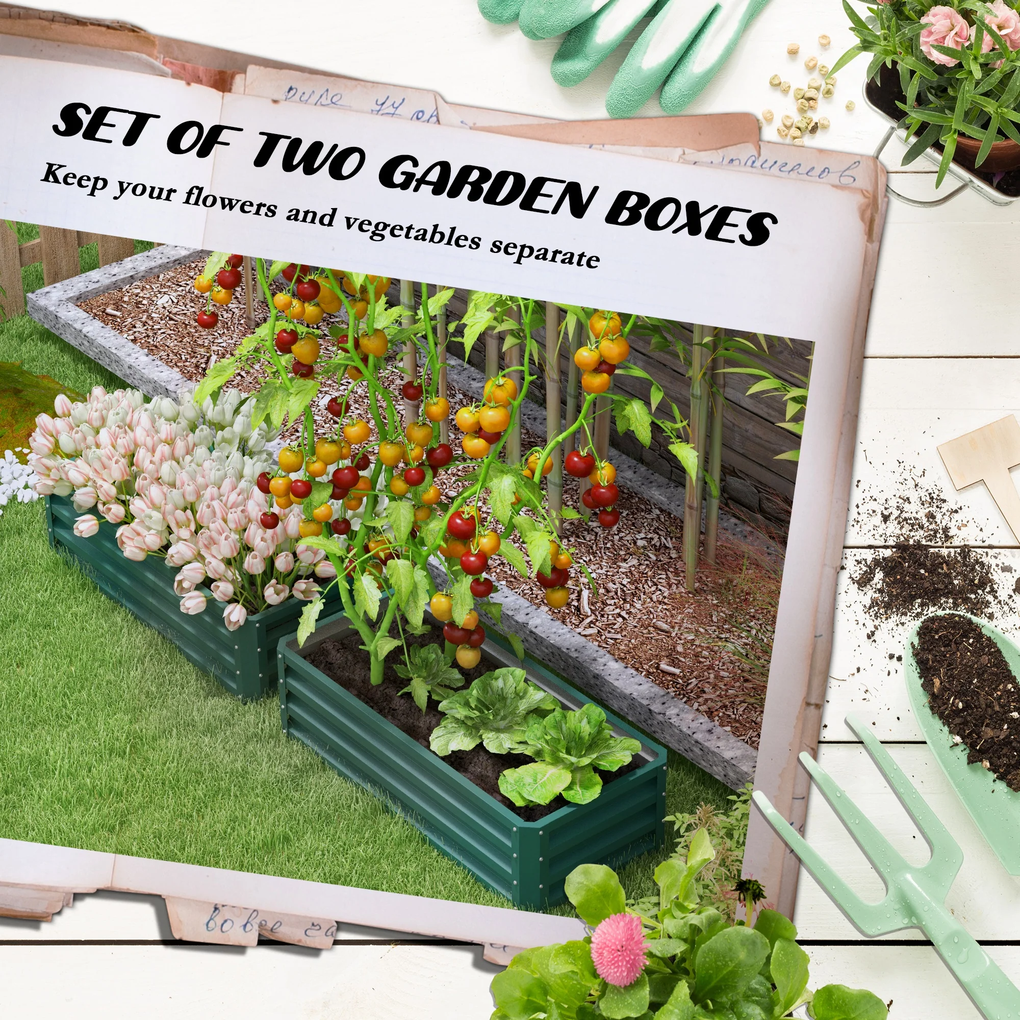 Outsunny Outdoor Planter Box, Steel Raised Garden Bed, Set of 2, Green - Image 3