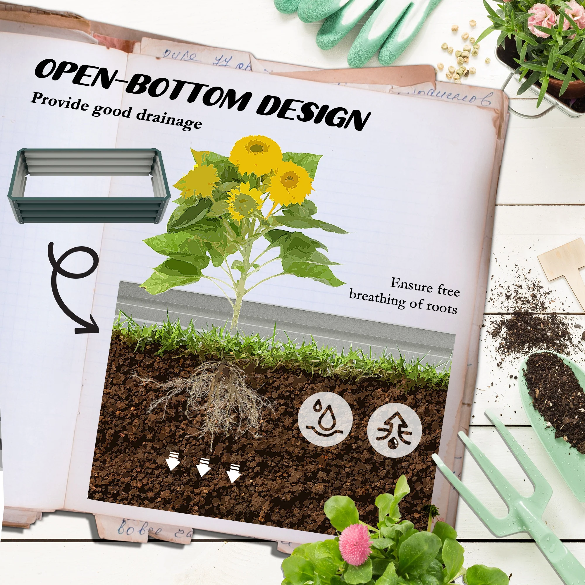 Outsunny Outdoor Planter Box, Steel Raised Garden Bed, Set of 2, Green - Image 4