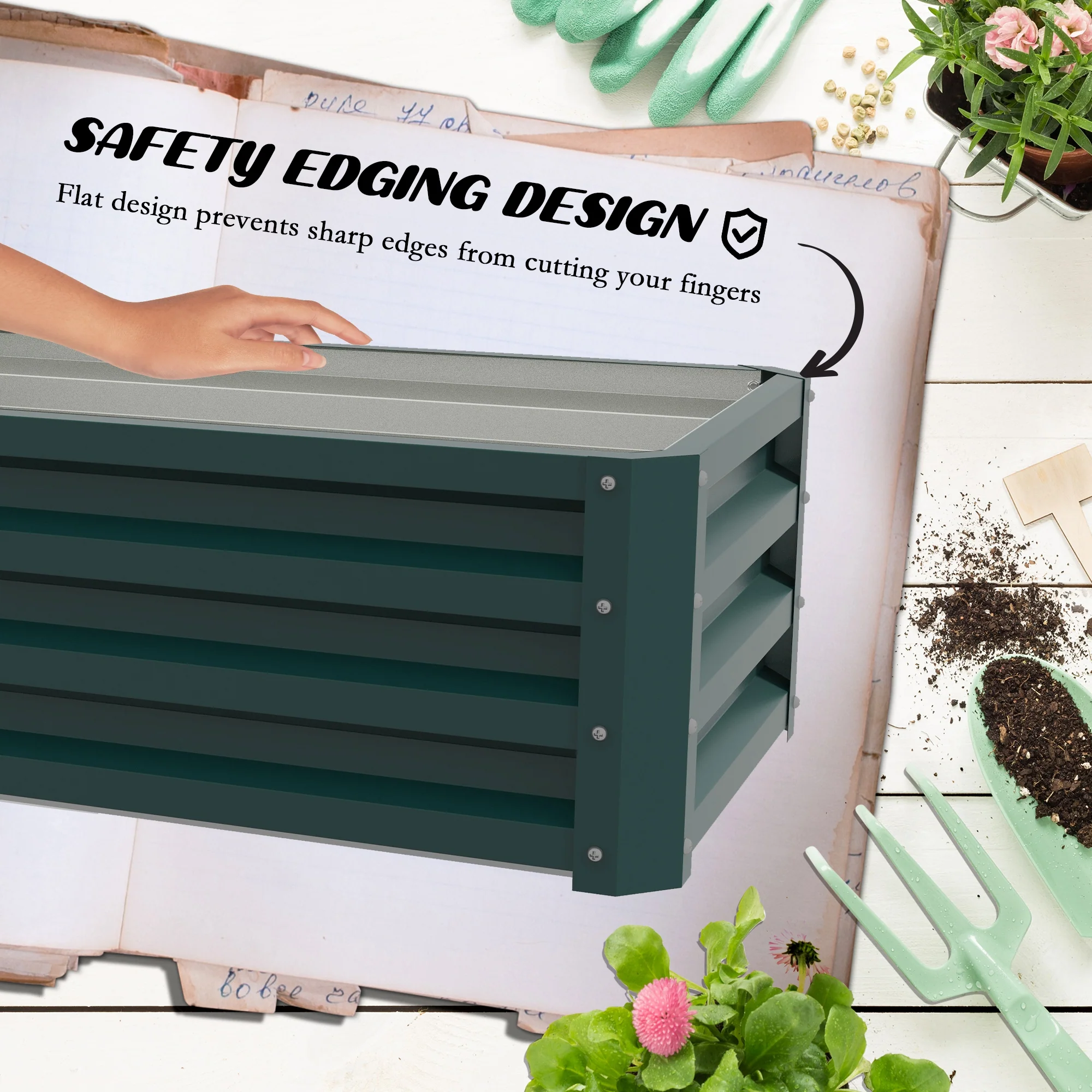 Outsunny Outdoor Planter Box, Steel Raised Garden Bed, Set of 2, Green - Image 6