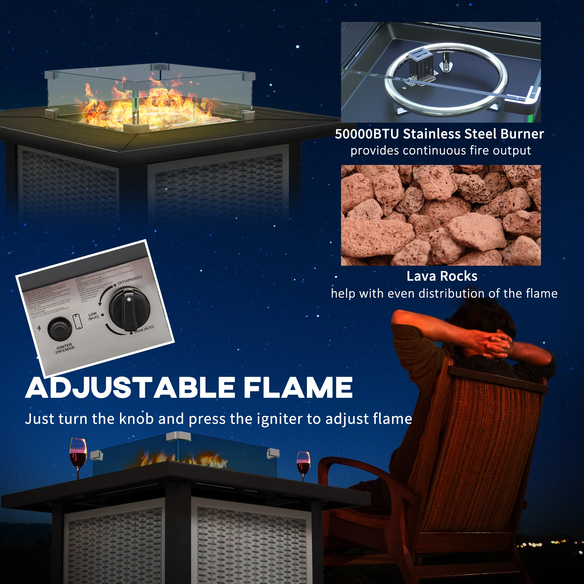 Outsunny Outdoor Propane Gas Fire Pit Table w/ Wind Screen & Glass Beads, Grey - Image 6