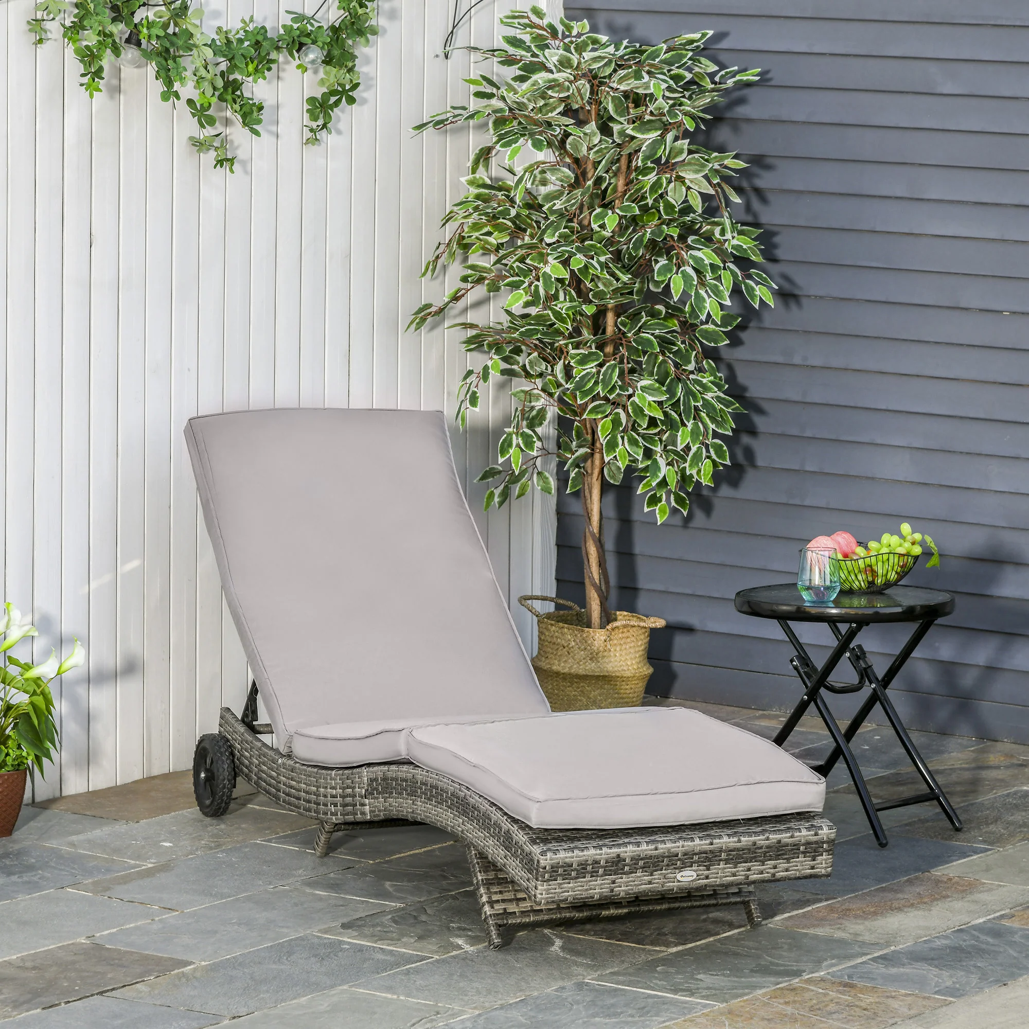 Outsunny Outdoor Rattan Sun Lounger With Reclining Back, Wheels - Image 11