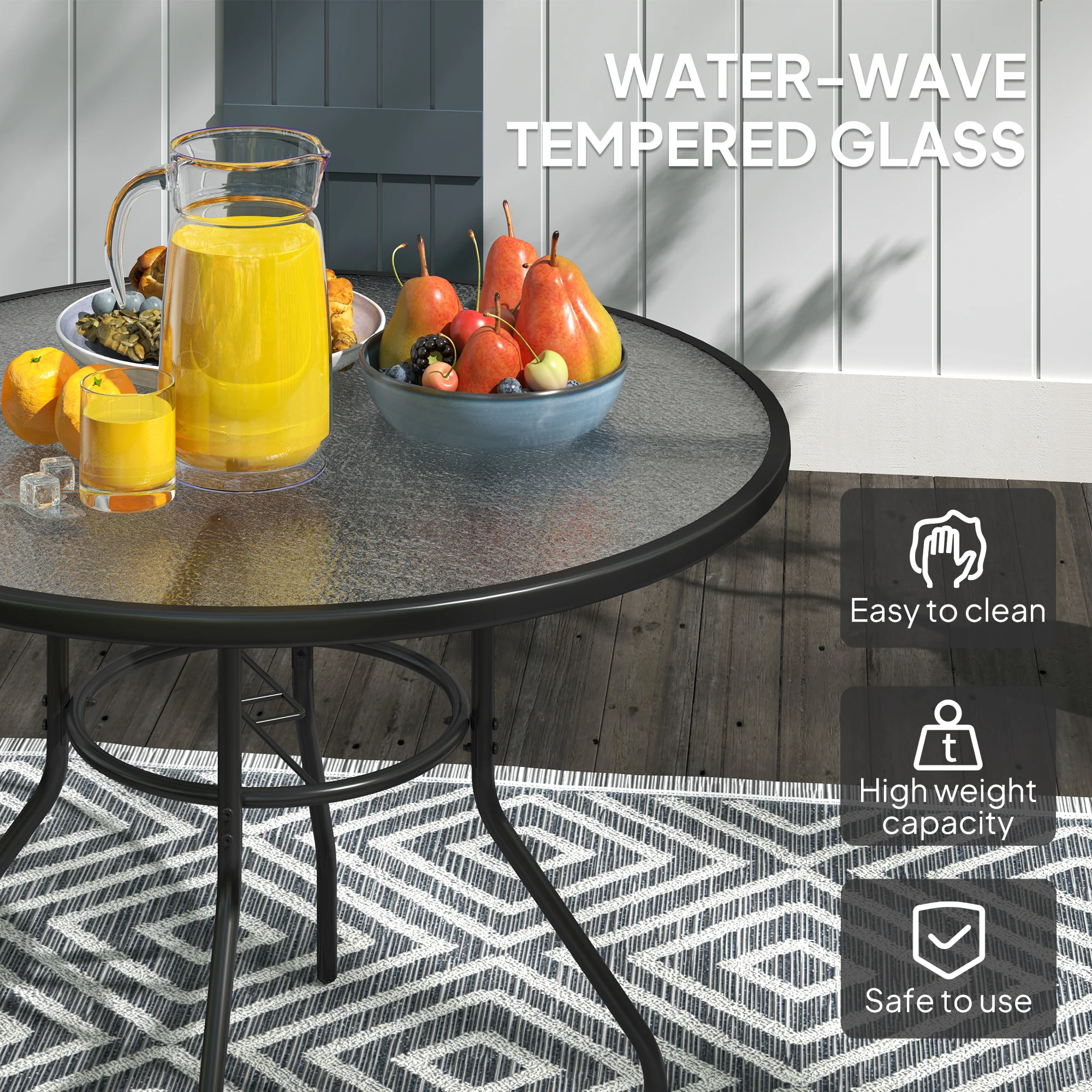 Outsunny Outdoor Round Dining Table Tempered Glass Top w/ Parasol Hole 100cm - Image 4