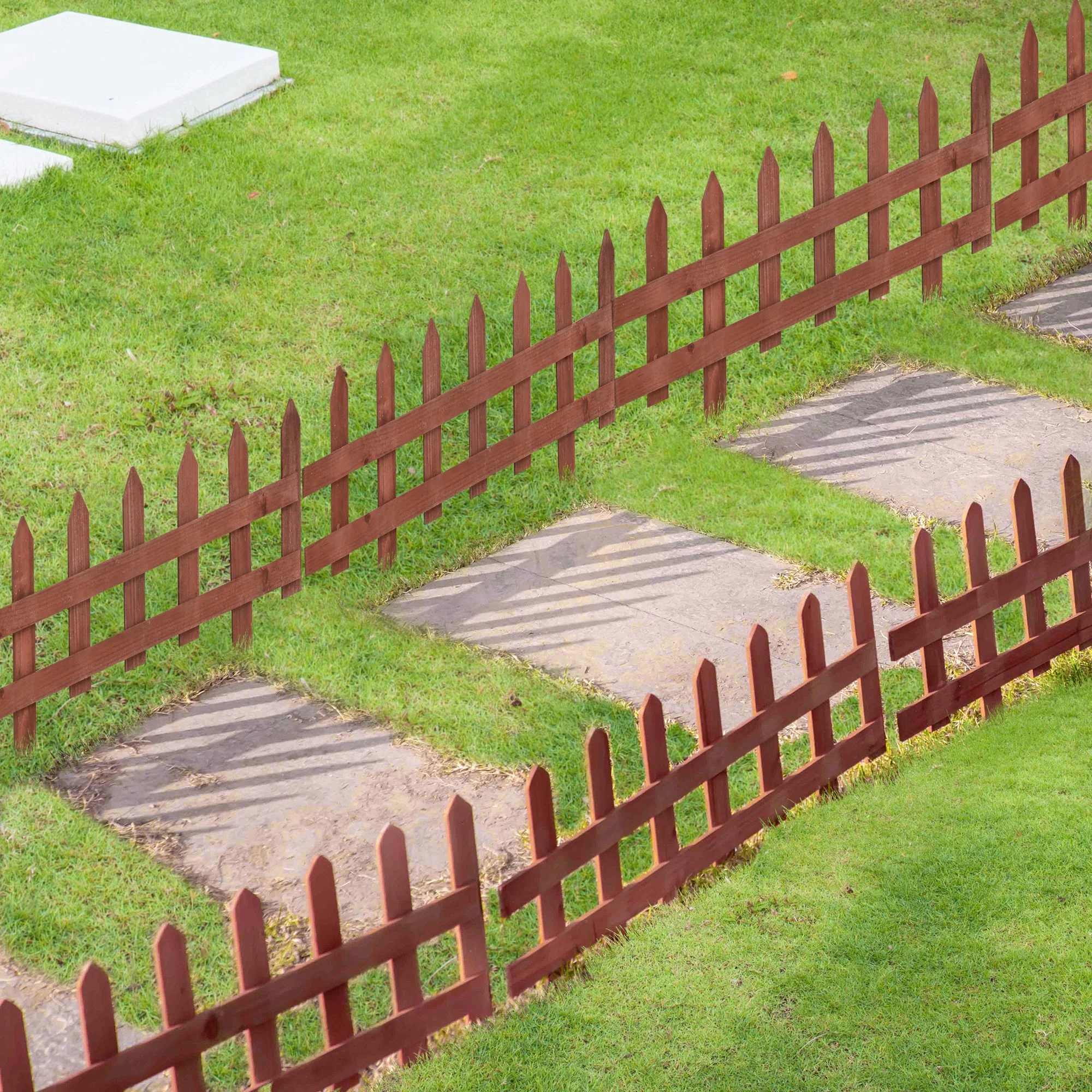 Outsunny Pack of 12 Wooden Plant Border Fence Garden Fixed Picket Fence Brown - Image 2
