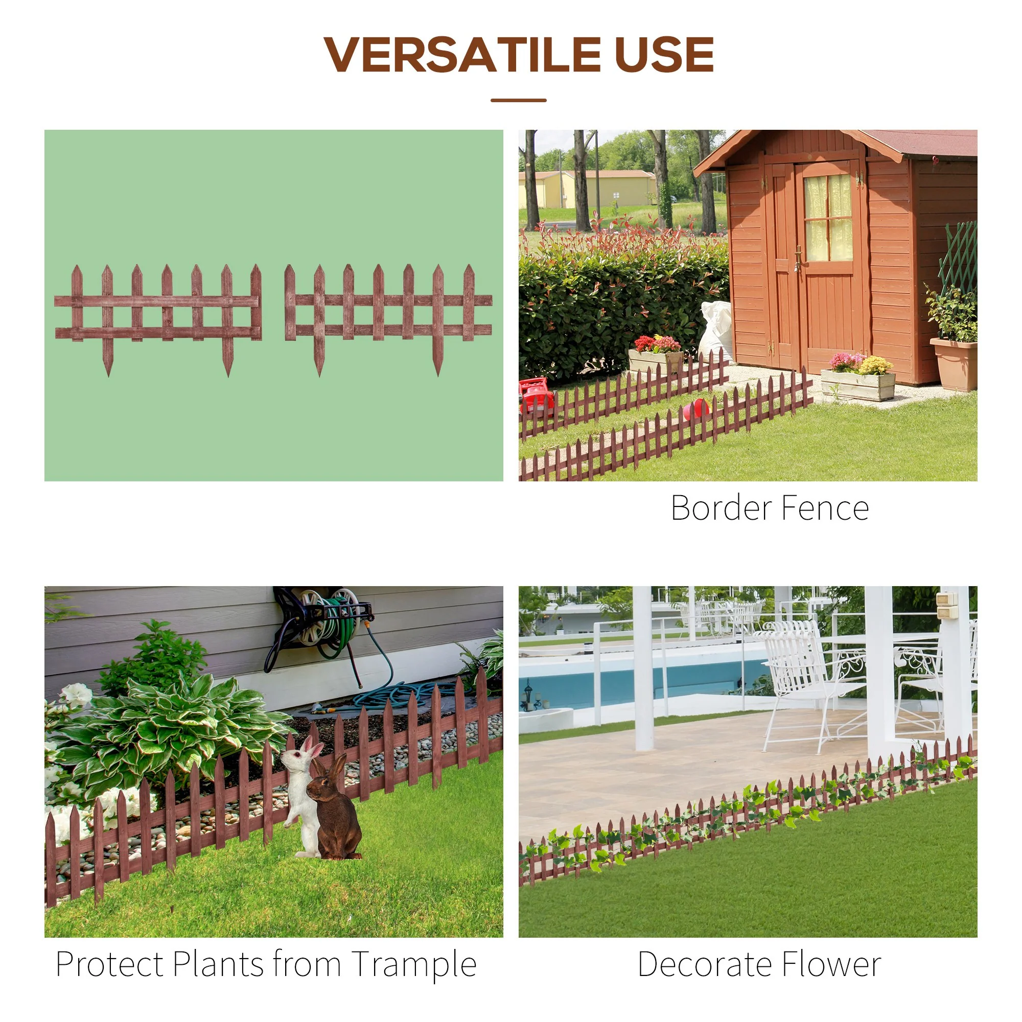 Outsunny Pack of 12 Wooden Plant Border Fence Garden Fixed Picket Fence Brown - Image 4