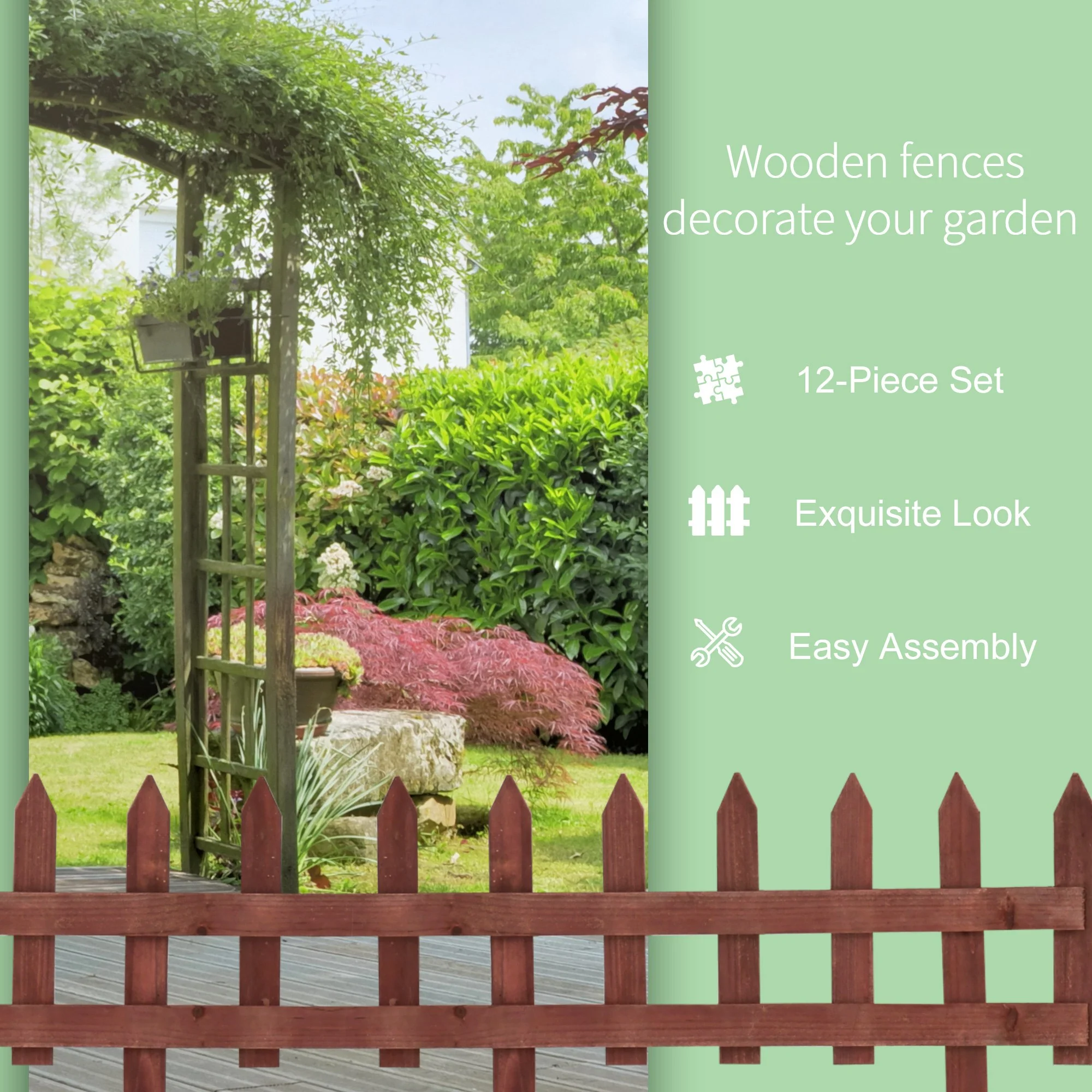 Outsunny Pack of 12 Wooden Plant Border Fence Garden Fixed Picket Fence Brown - Image 6