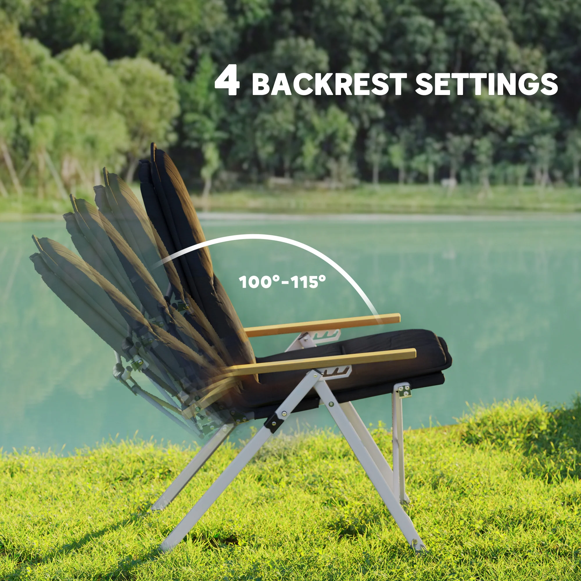 Outsunny Padded Camp Chair Outdoor High Back Folding Recliner With Bag Black - Image 3