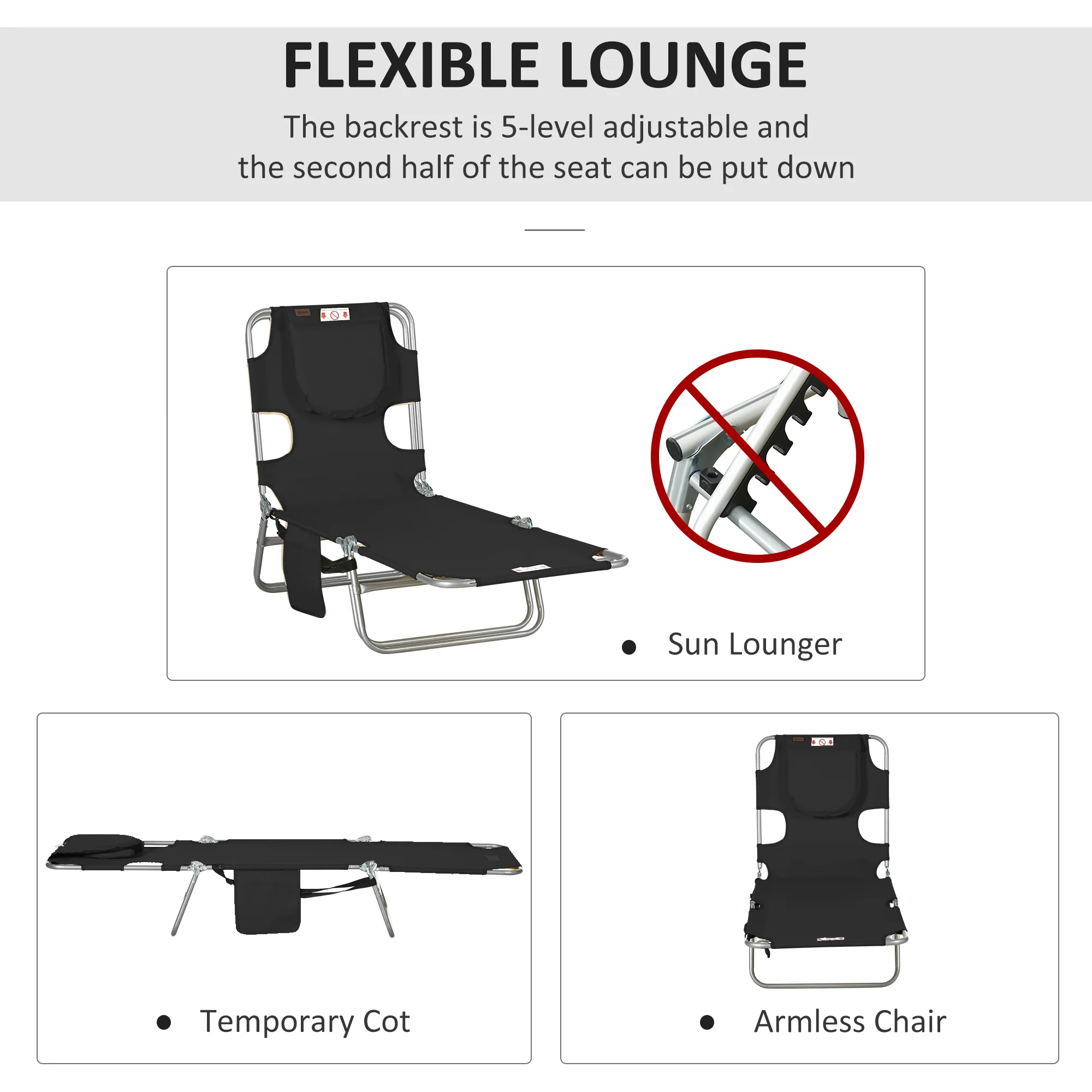 Outsunny Patio Foldable Sun Lounger 5 Level Adjustable Reclining Chair - Image 12