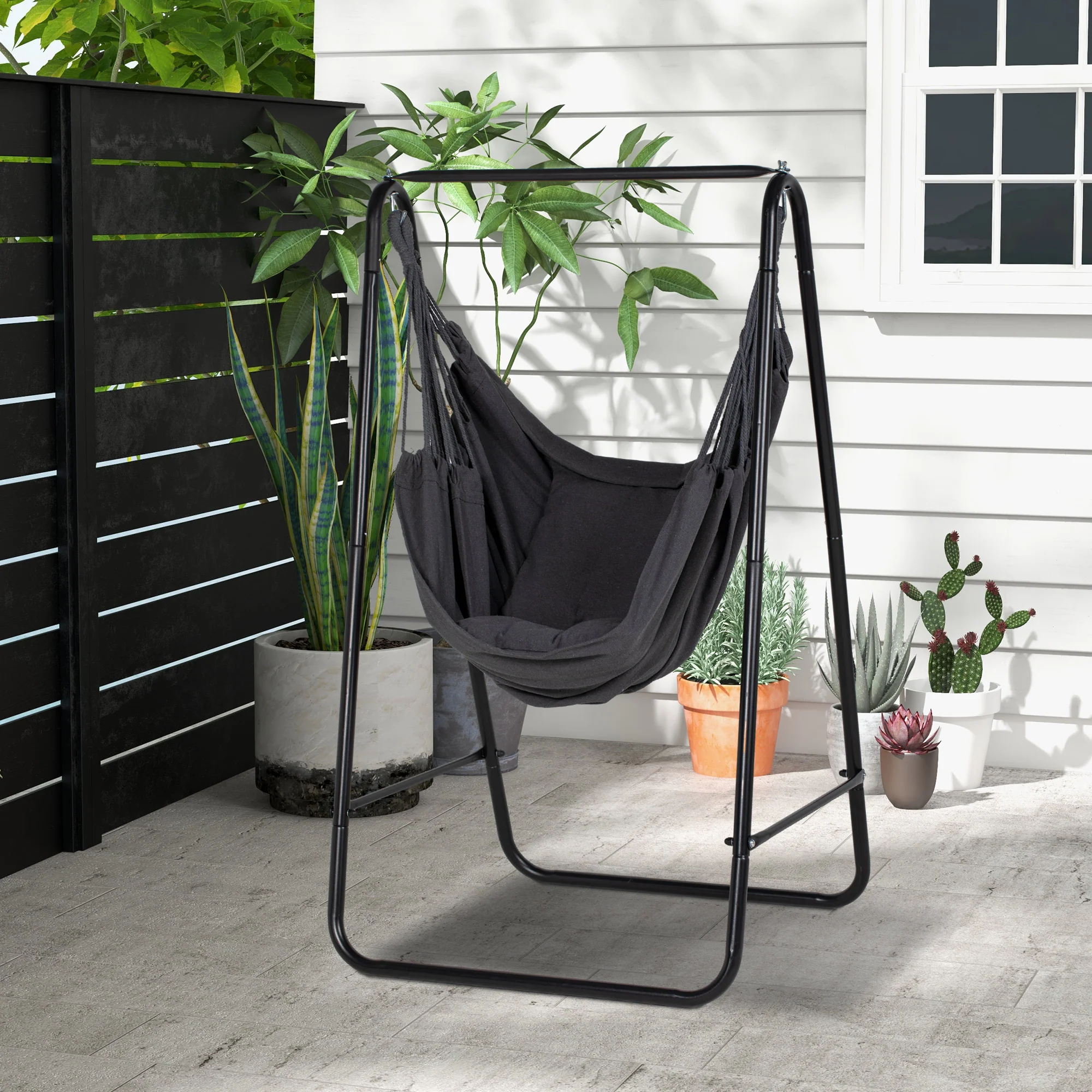 Outsunny Patio Hammock Chair W/ Stand, Hanging Chair W/ Cushion, Armrest - Image 2