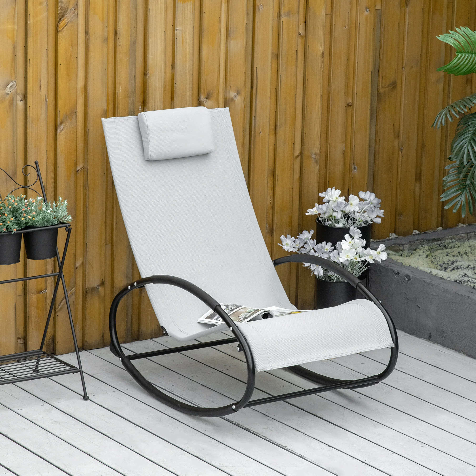 Outsunny Patio Rocking Chair Orbital Zero Gravity Seat Pool Chaise w/ Pillow - Image 2