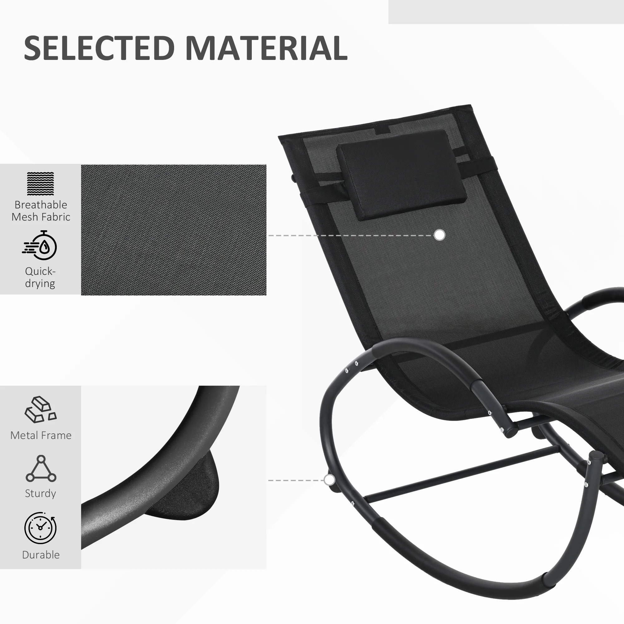 Outsunny Patio Rocking Lounge Chair Zero Gravity Chaise w/ Padded Pillow Black - Image 7