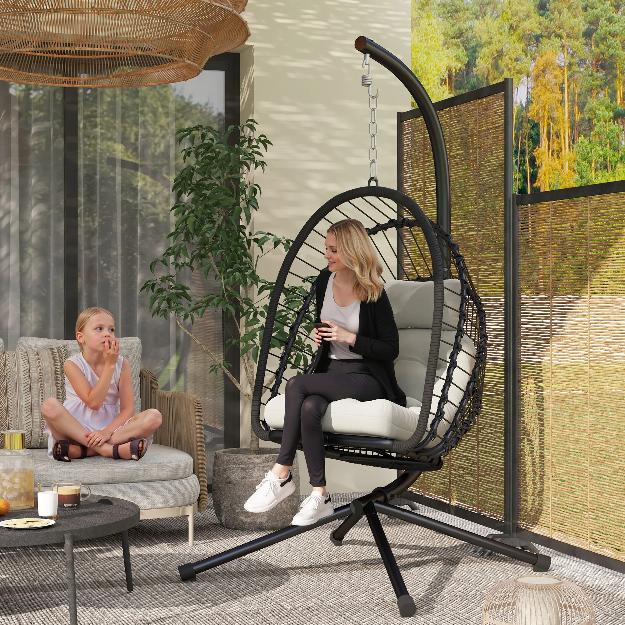 Outsunny PE Hanging Swing Chair W/ Thick Cushion, Patio Hanging Chair, Black - Image 2