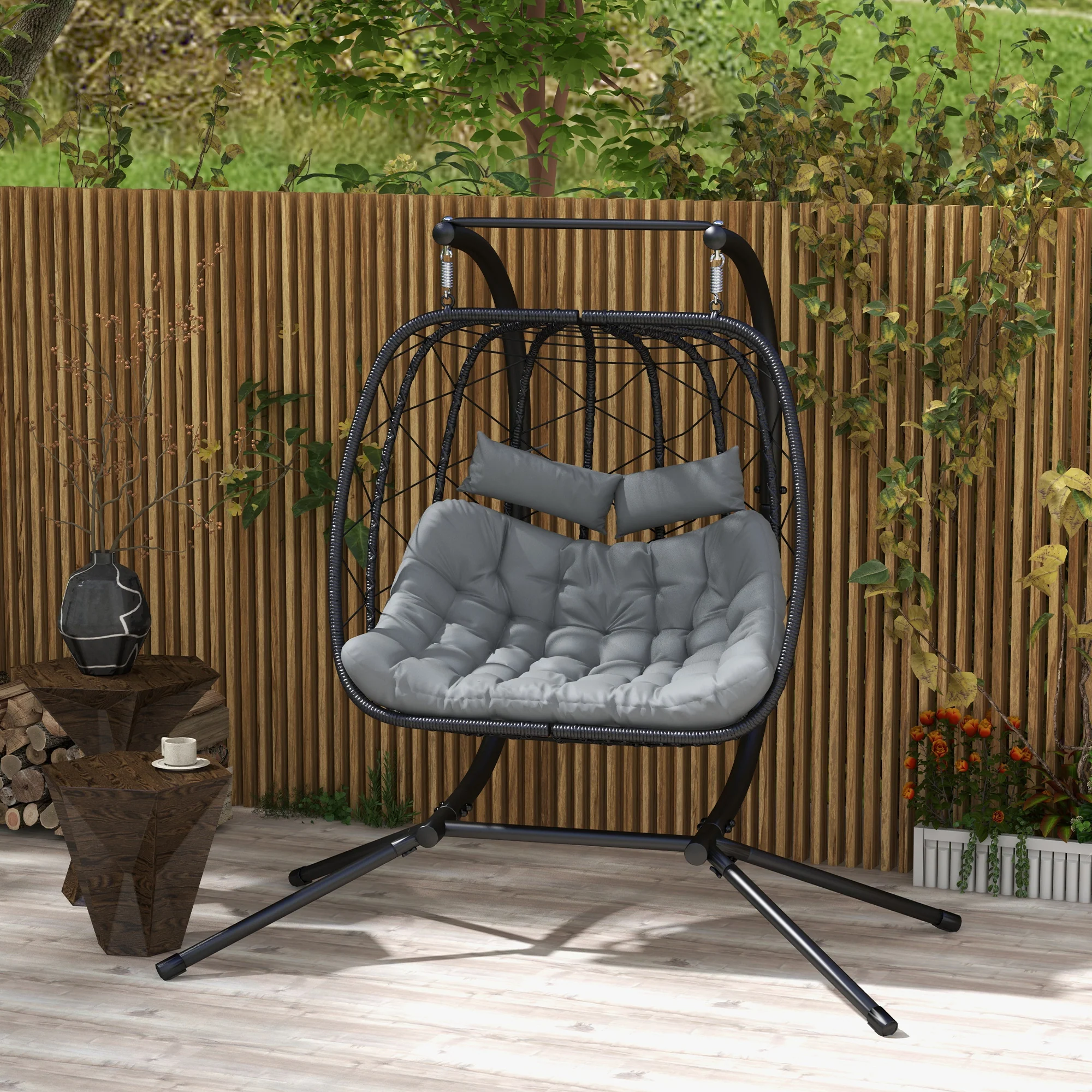 Outsunny PE Hanging Swing Chair w/ Thick Cushion, Patio Hanging Chair, Black - Image 2