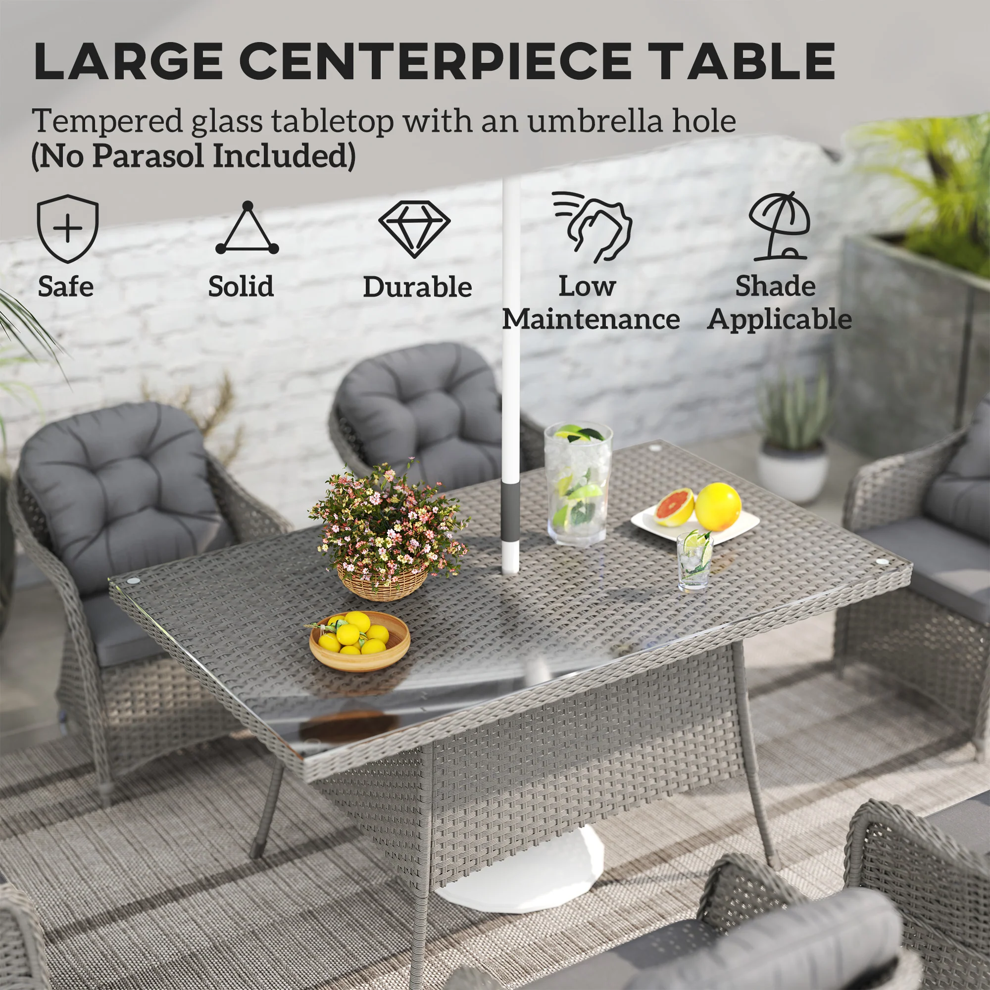 Outsunny PE Rattan Garden Dining Set For 6 With Seat And Back Cushions - Image 4