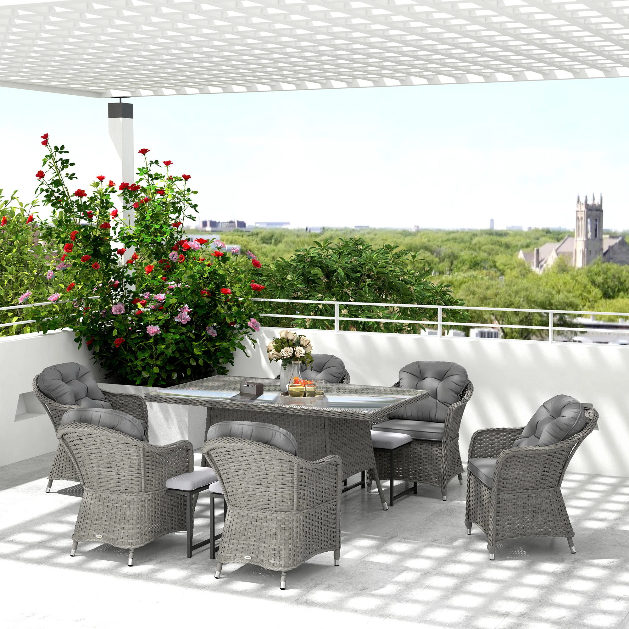 Outsunny PE Rattan Garden Dining Set For 6 With Seat And Back Cushions - Image 8