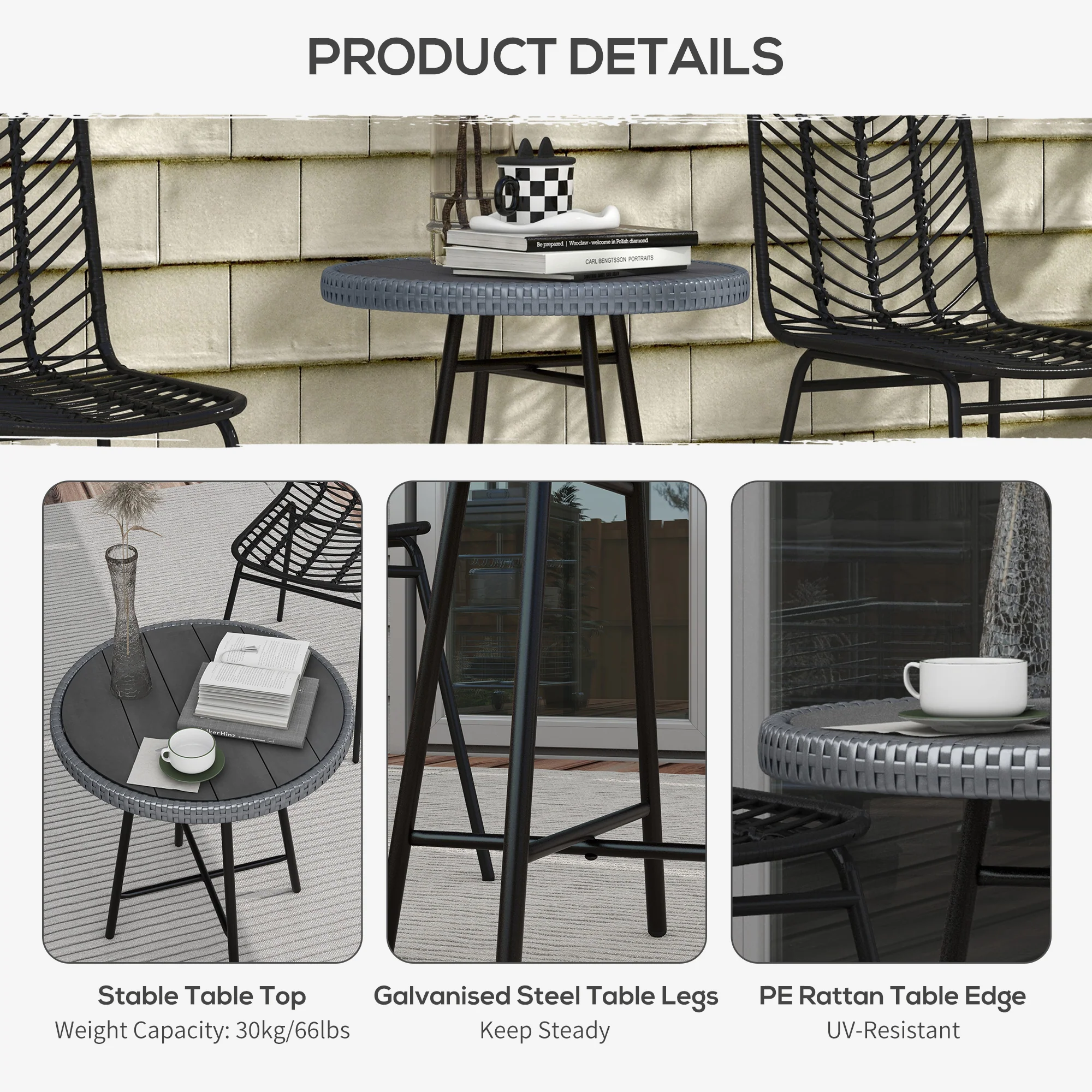 Outsunny PE Rattan Side Table for Indoor, Outdoor, Balcony, Patio, Grey - Image 6