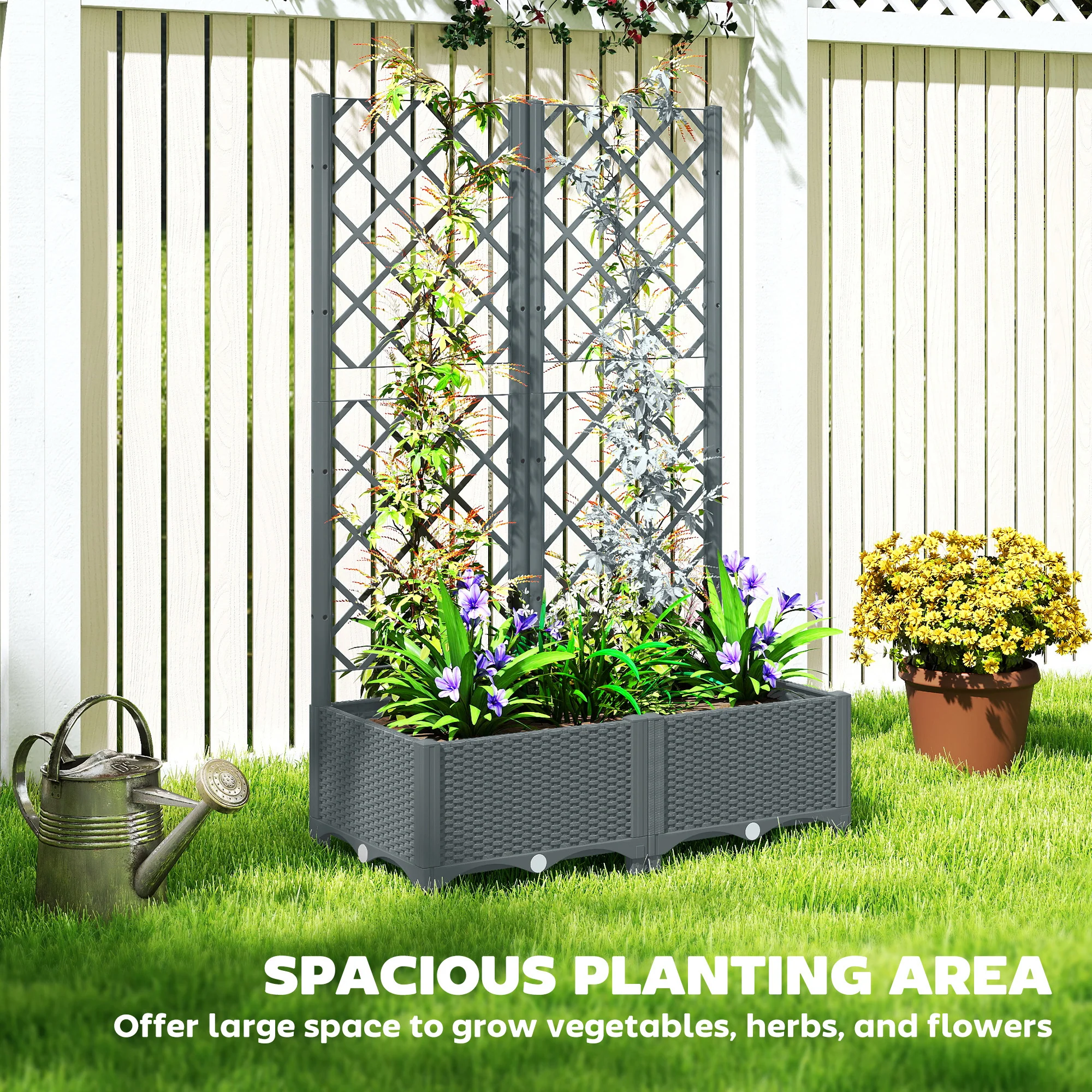 Outsunny Plastic Planter Box with Trellis, Vegetable Planter w/ Drain Plugs - Image 7