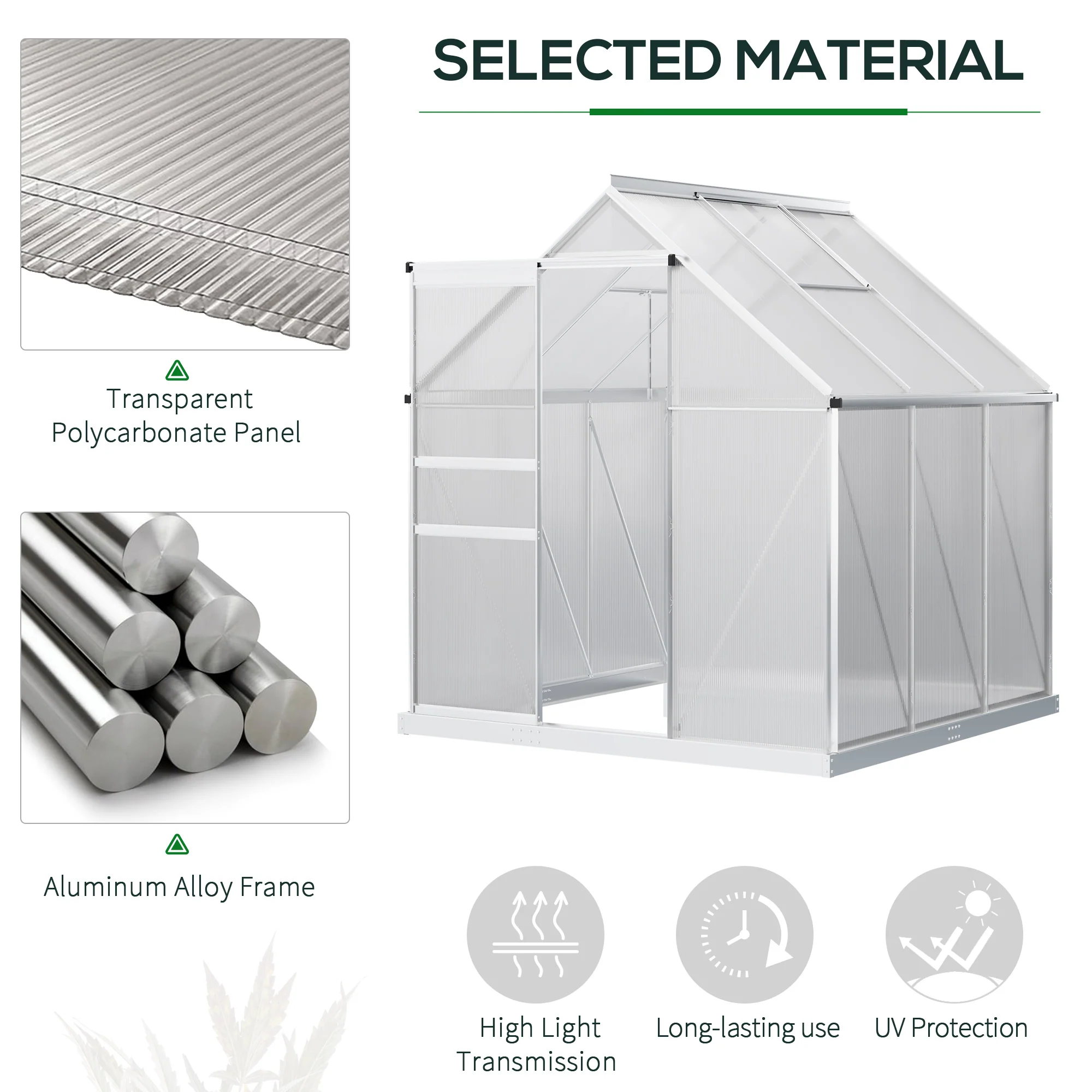 Outsunny Polycarbonate Walk-in Garden Greenhouse w/ Sliding Door Silver Tone - Image 3