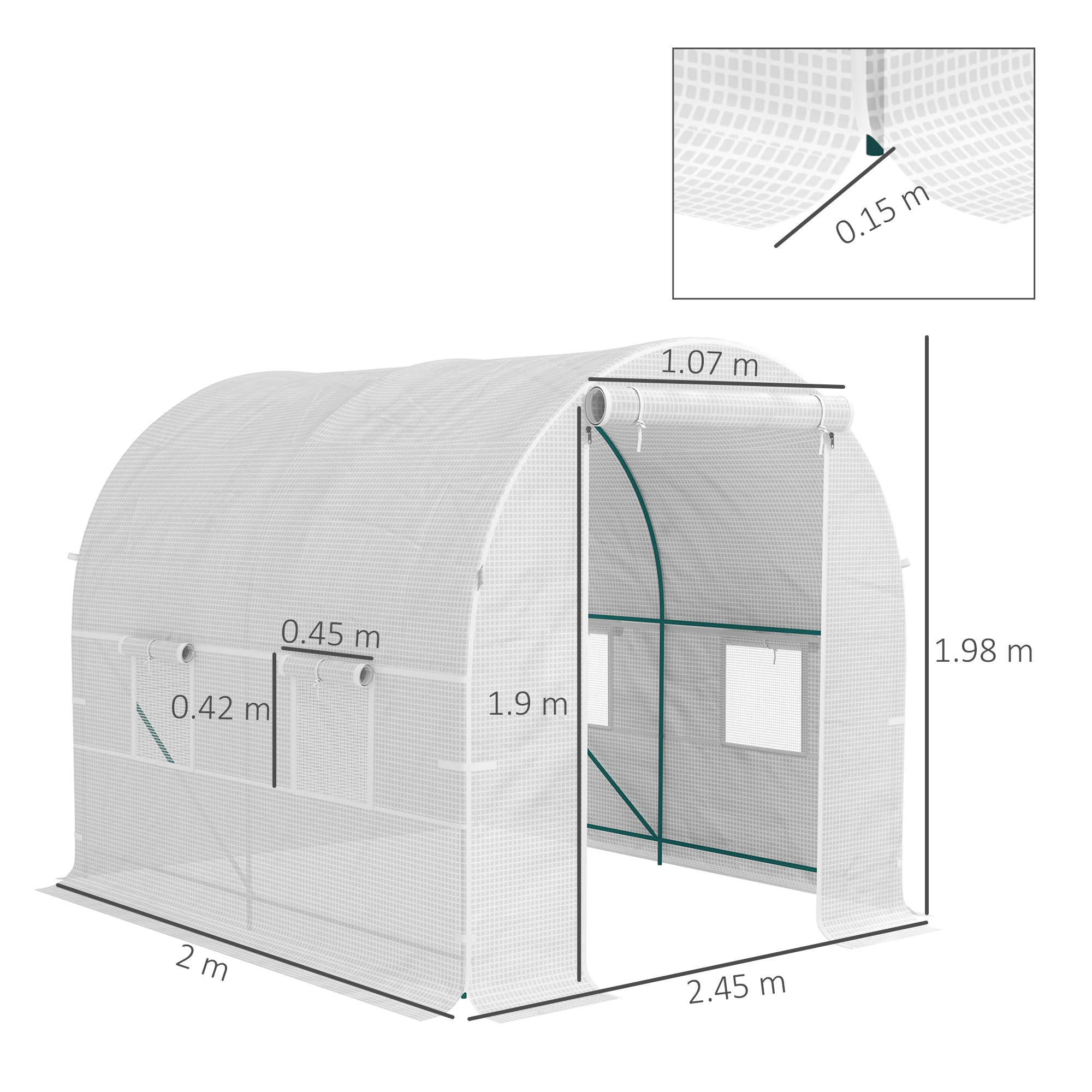 Outsunny Polytunnel Greenhouse Outdoor Grow House Roll Up Door Windows 2x2.5m - Image 5