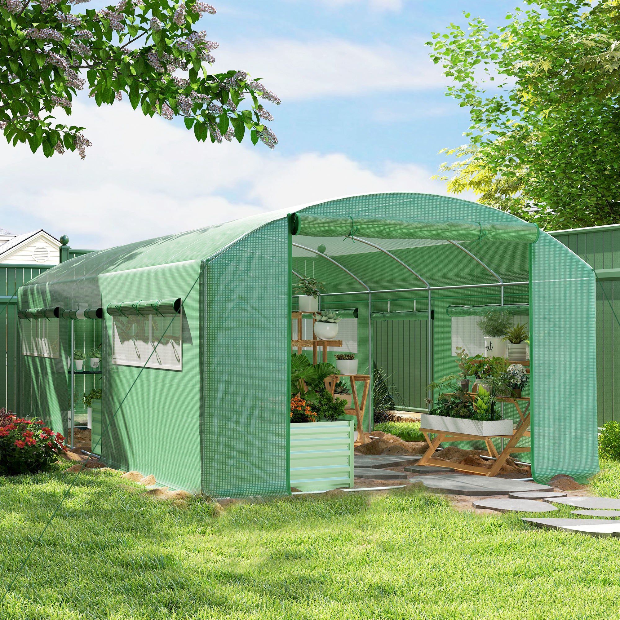 Outsunny Polytunnel Greenhouse with 3 Roll-up Doors, Green - Image 20